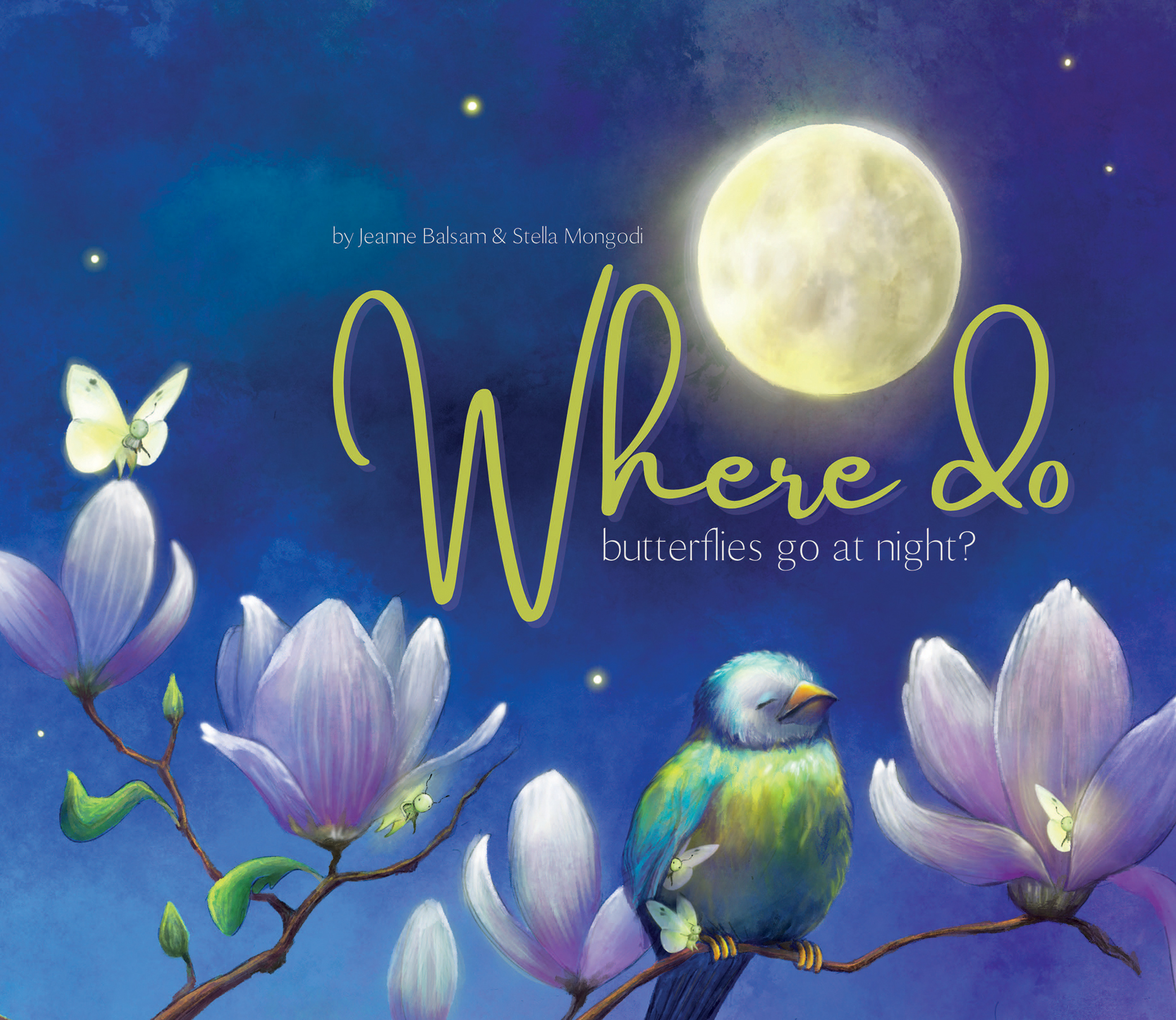 Book cover with illustration of green bird and white butterfly on flowering branch under a full moon
