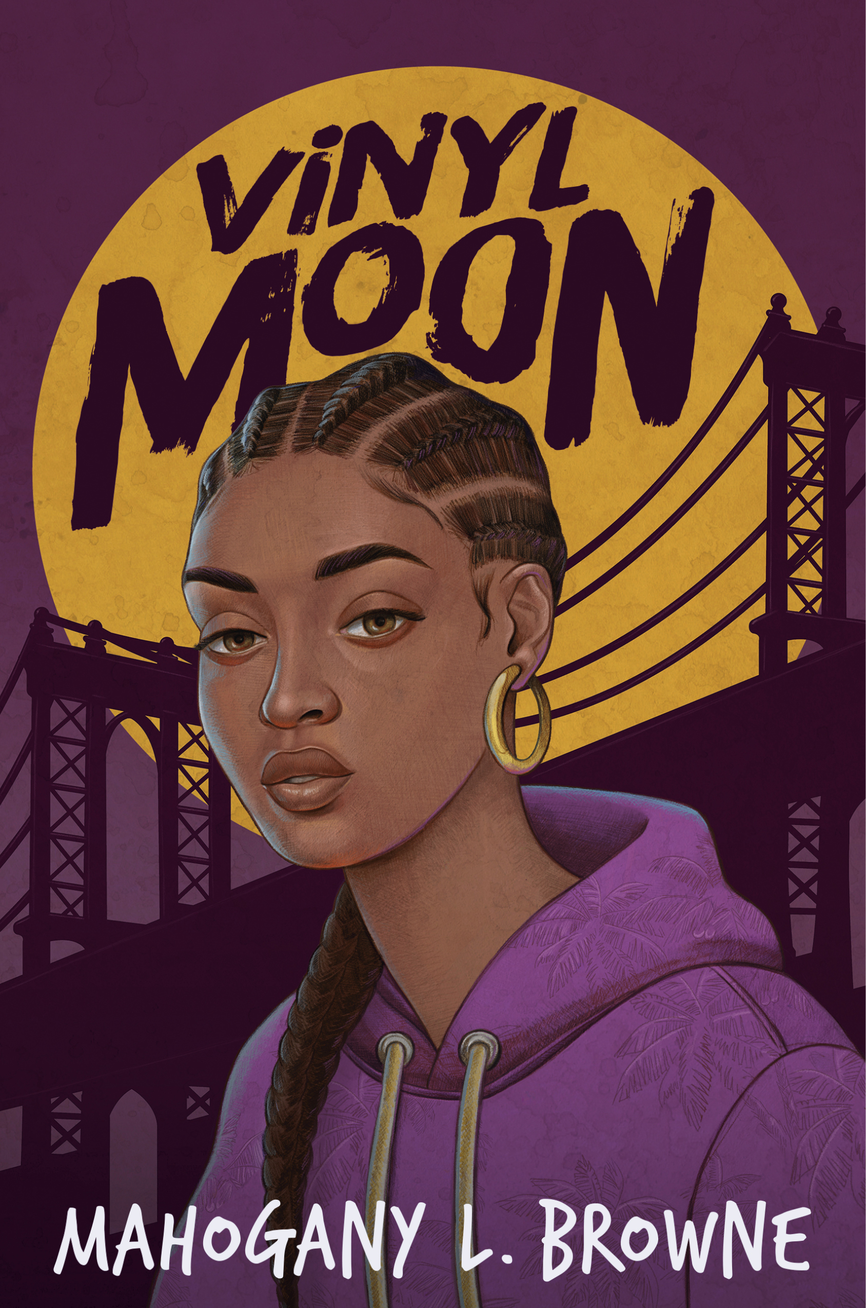 Book cover illustration with teen in purple hoodie and gold hoops with wide braids silhouetted against Brooklyn Bridge and the moon