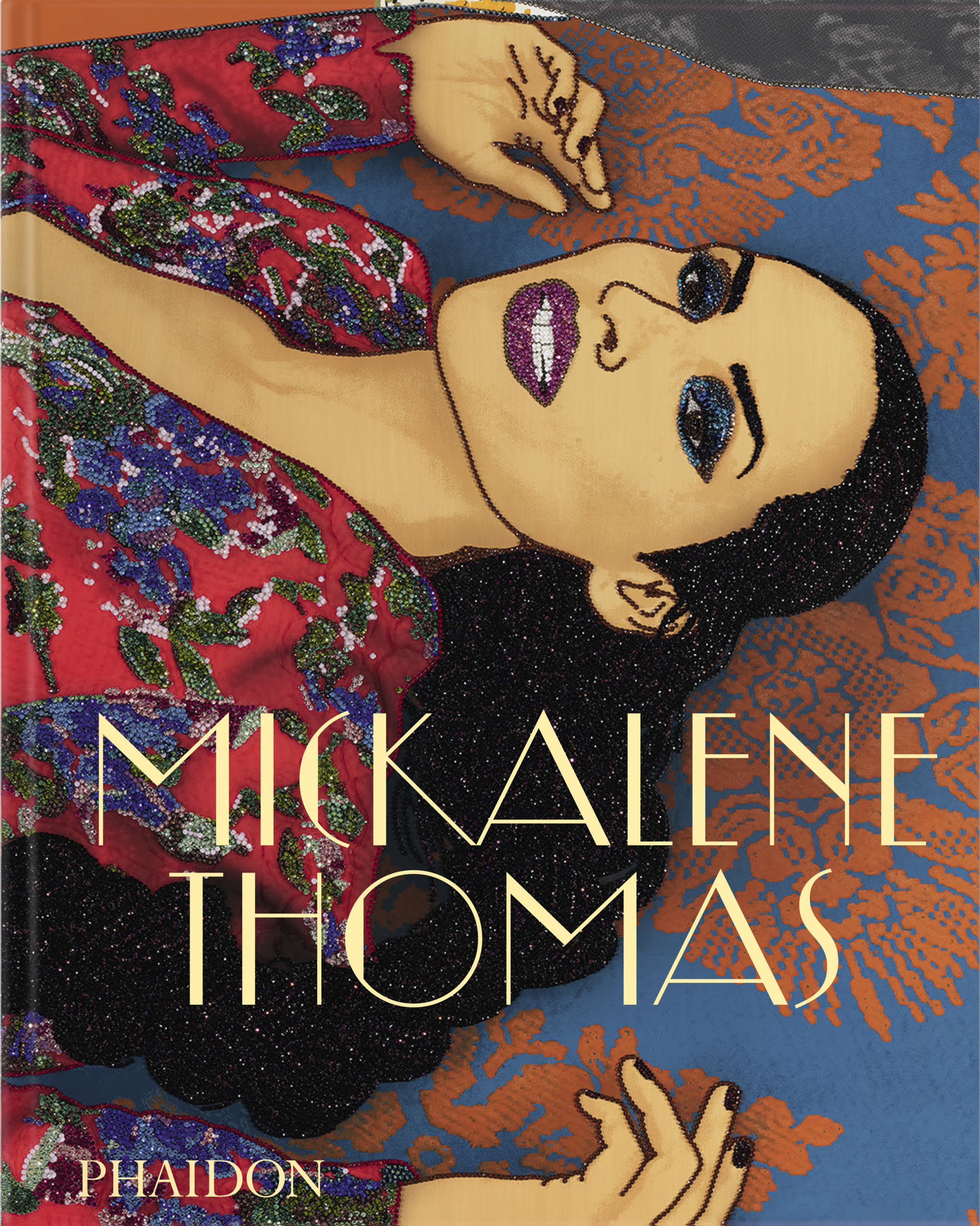 Book cover with painting of person in repose with shimmering red and blue floral top and glittering teeth, lips, and cascading brownhair