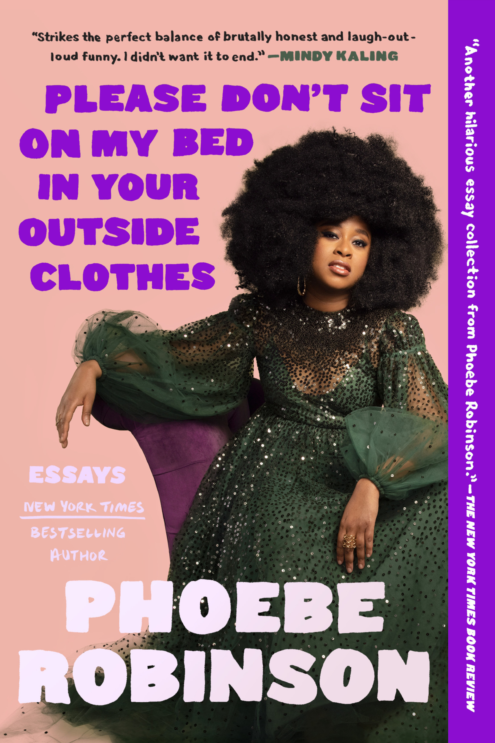 Book cover with portrait of Phoebe Robinson in sparkling forest-green gown, arm draped across purple couch