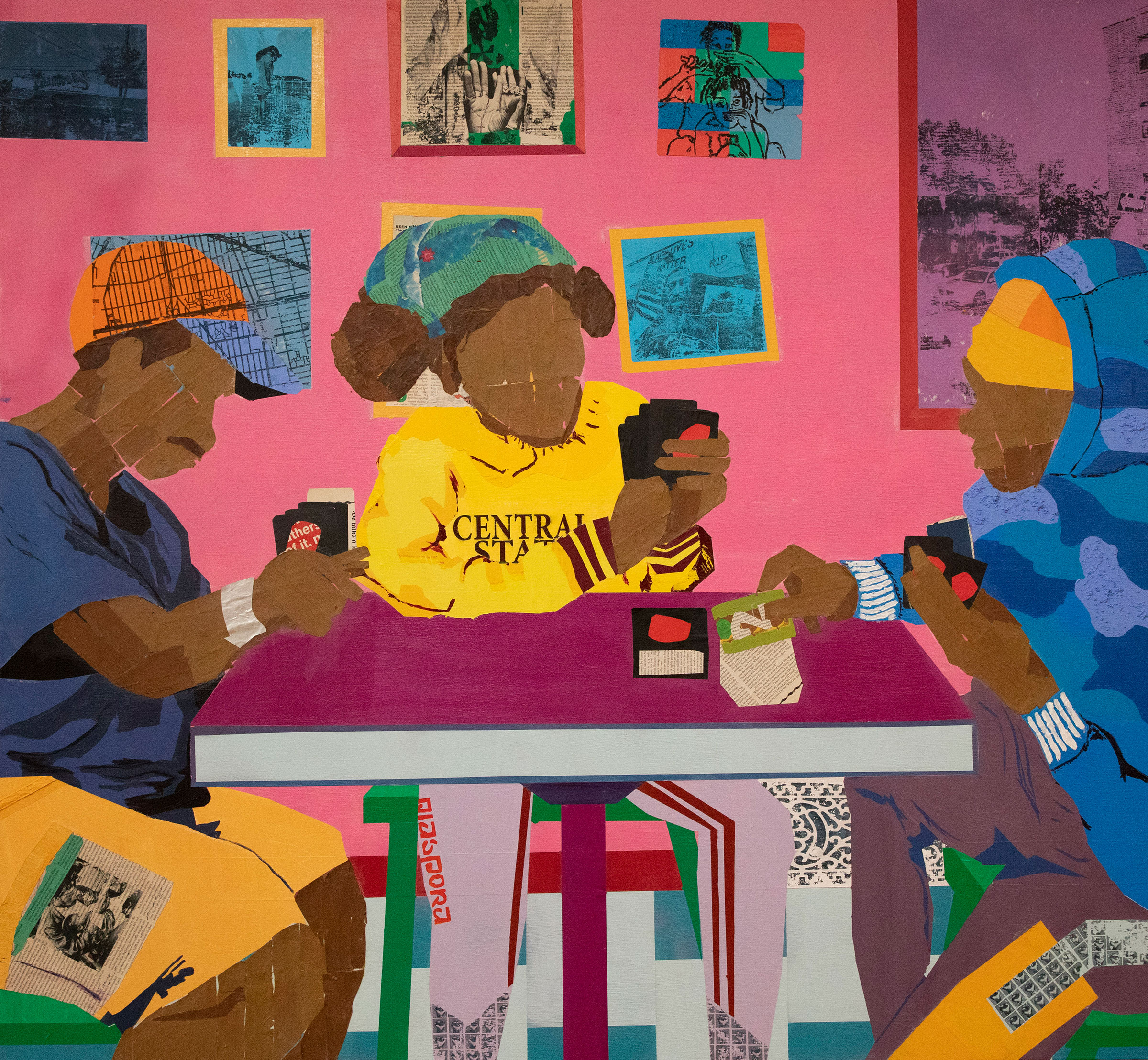 Na’ye Perez, “Laugh Now Cry Later” (2021), acrylic, spray paint, swishers, backwoods, MTA cards, newsprint, plastic packaging, gel transfers on canvas, 50 x 54 inches (courtesy of the artist and REGULARNORMAL)