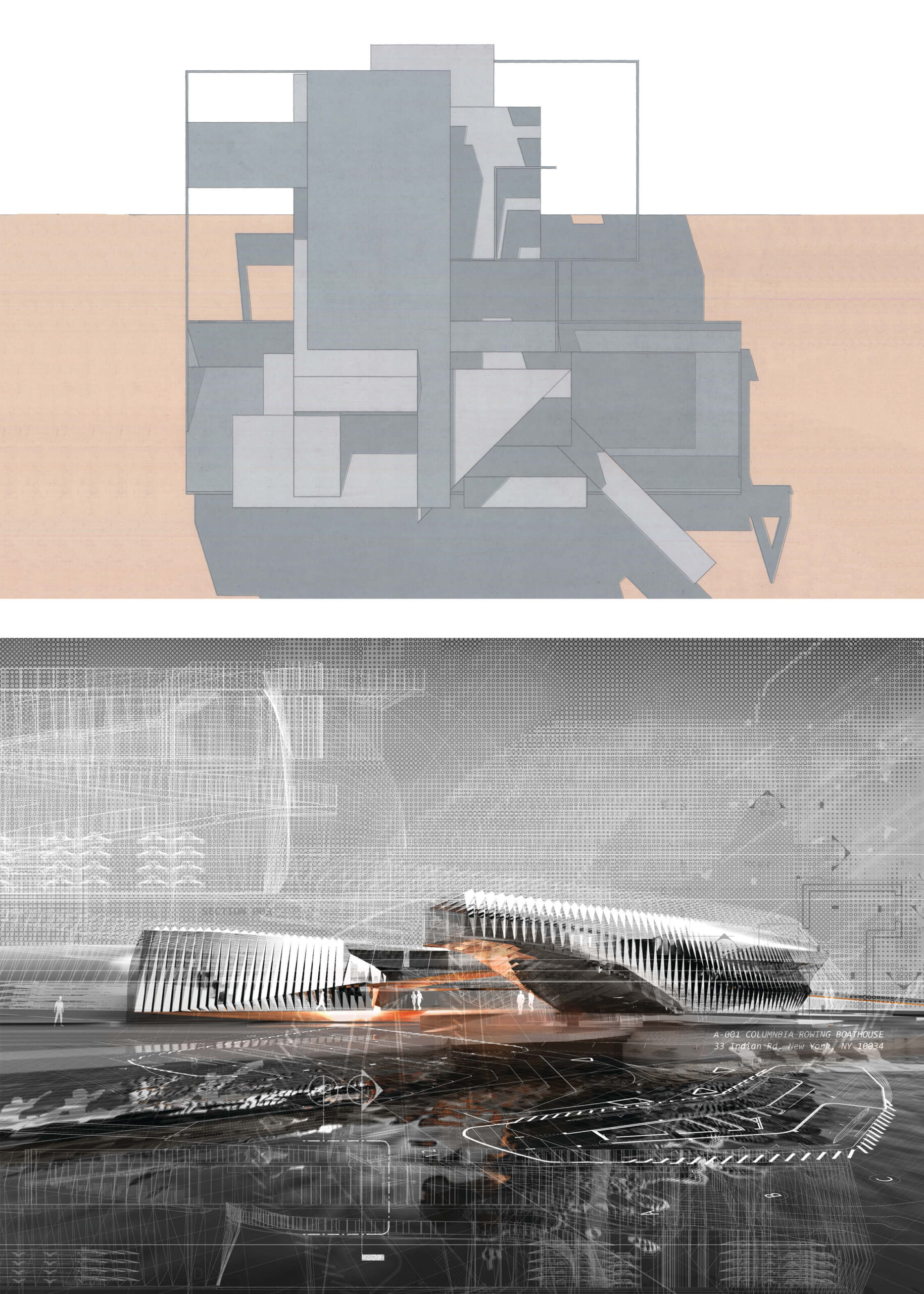 Two architecture designs. The first is the drawing of a grey façade with concentric squares and rectangles. The second is a photorealistic drawing of a building in grey with orange accents.