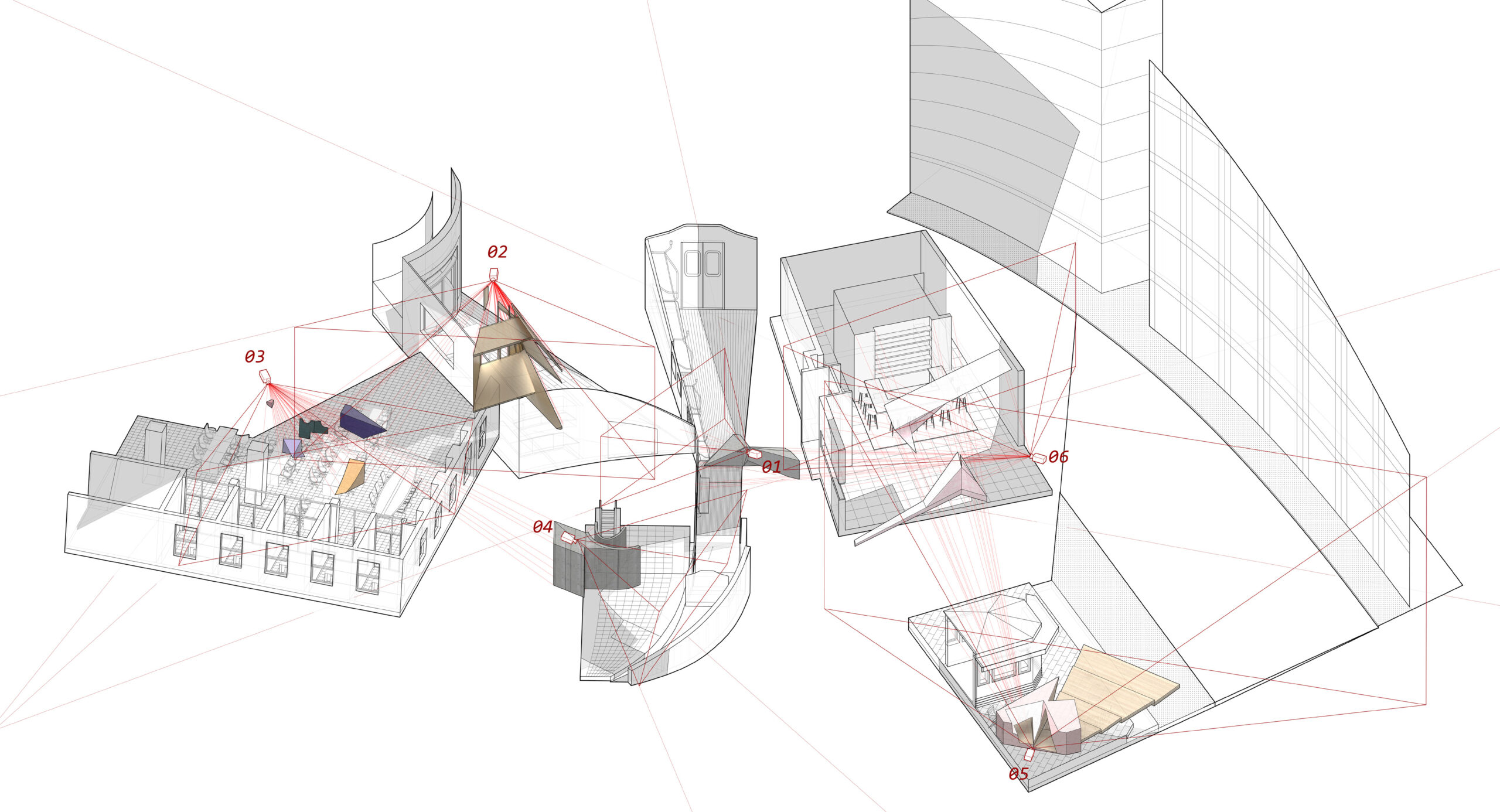 A segmented wireframe of various floors and rooms of an architecture concept.