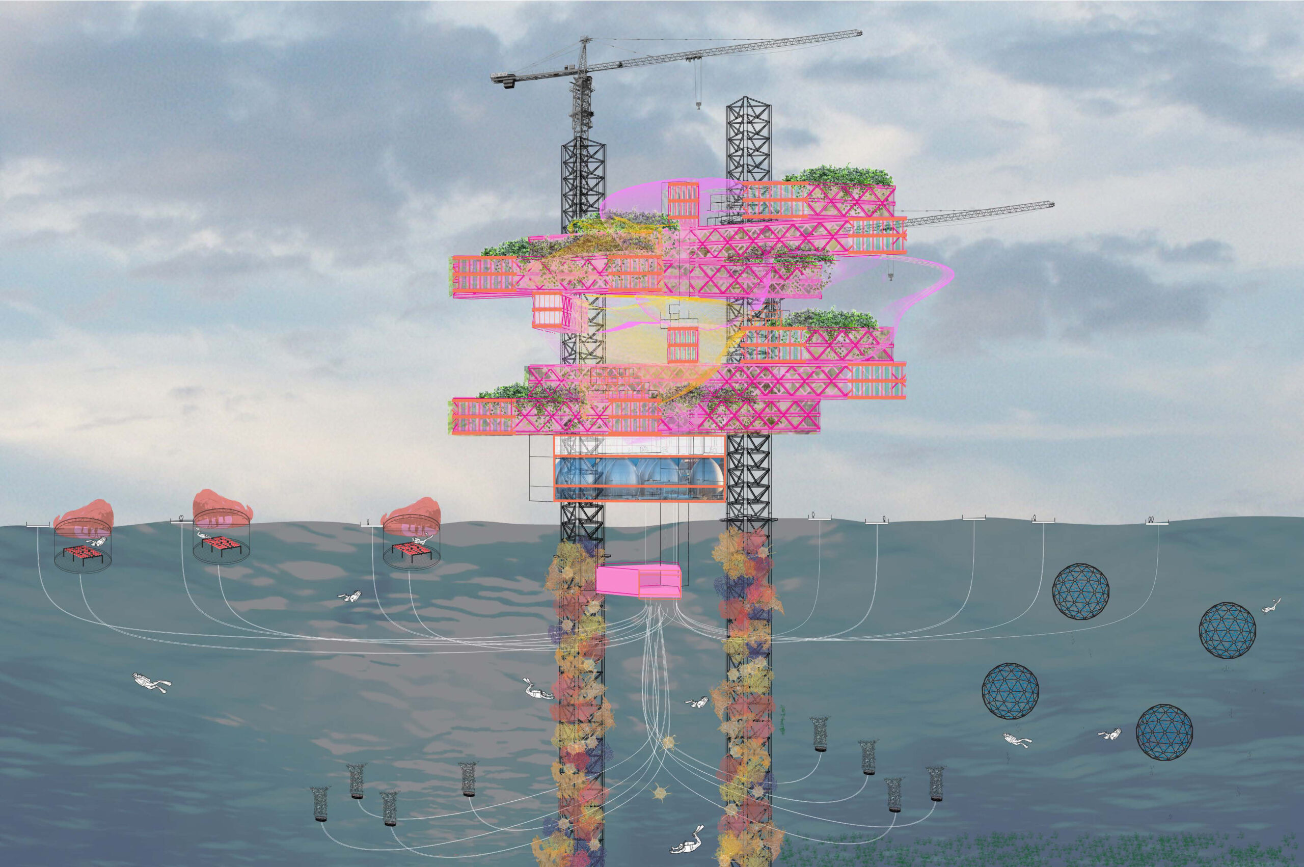 Wireframe and 3d render of a building being constructure in a body of water.