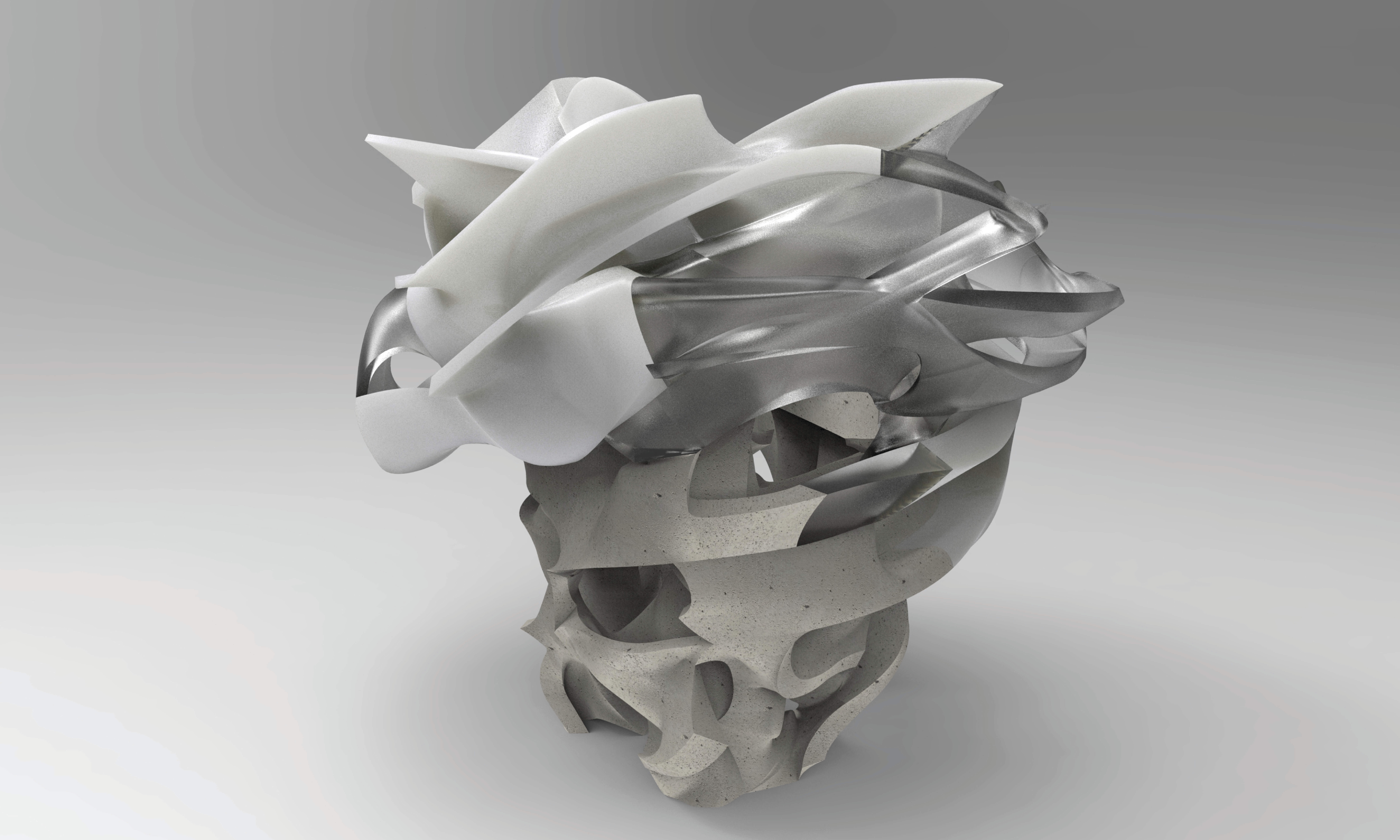 An abstract computer render of a morphologically complex shape in grey metallic hues. Somewhat resembles a tornado.