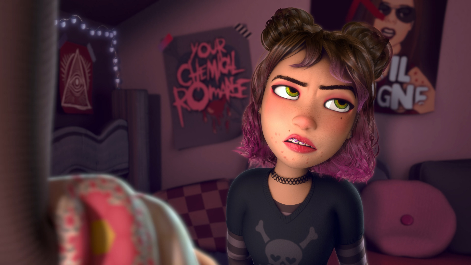 3D rendering of a young girl with braces, in a room with posters, girl is rolling her eyes, pixar style