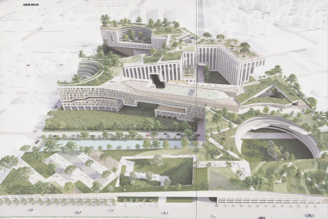 Aerial architectural rendering of a large landscaped campus with interconnected buildings, green roofs, terraces, courtyards, pathways, and water features integrated into an urban environment.