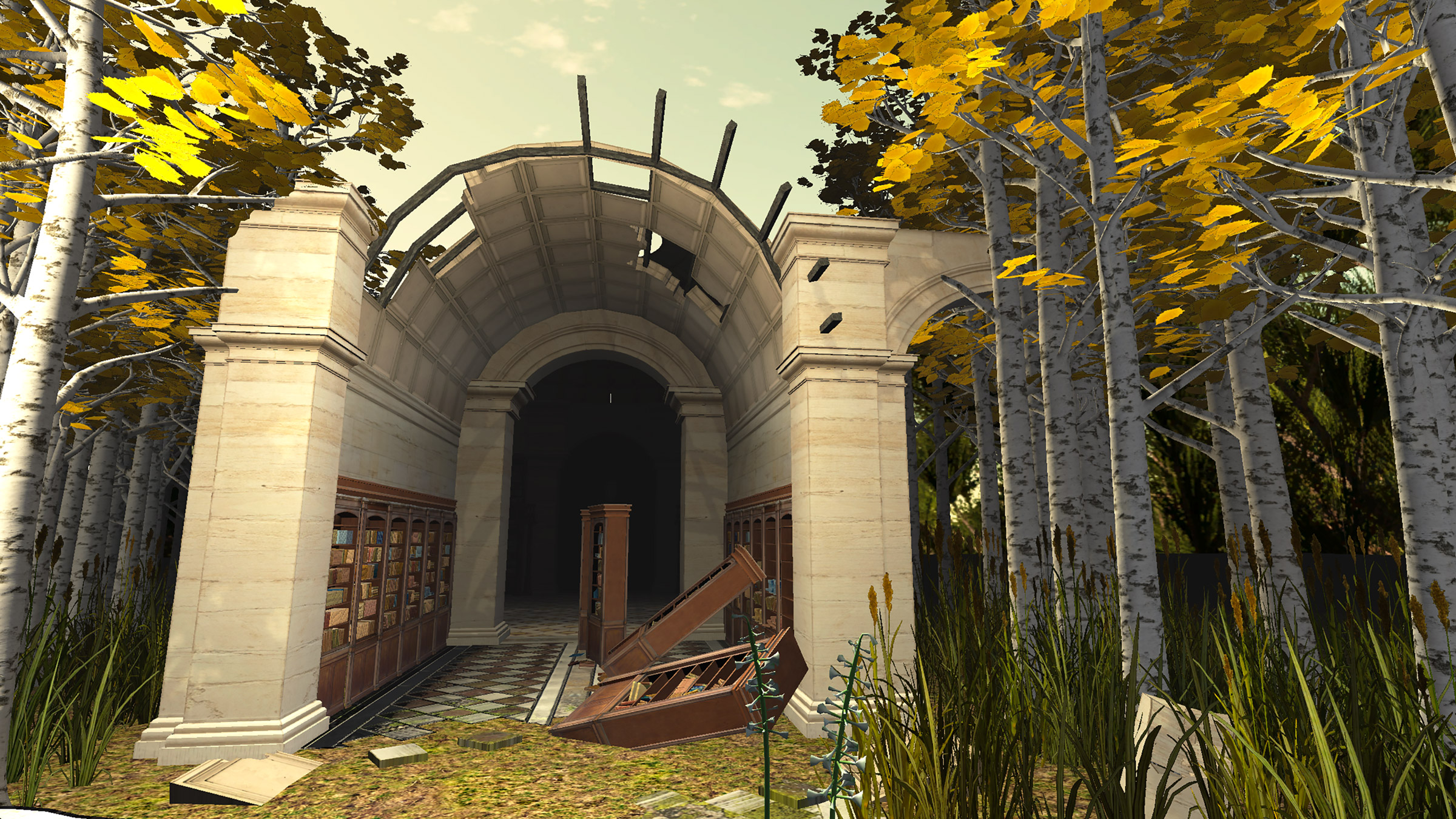 An abandoned hallway with books exposed to a forest of birch trees