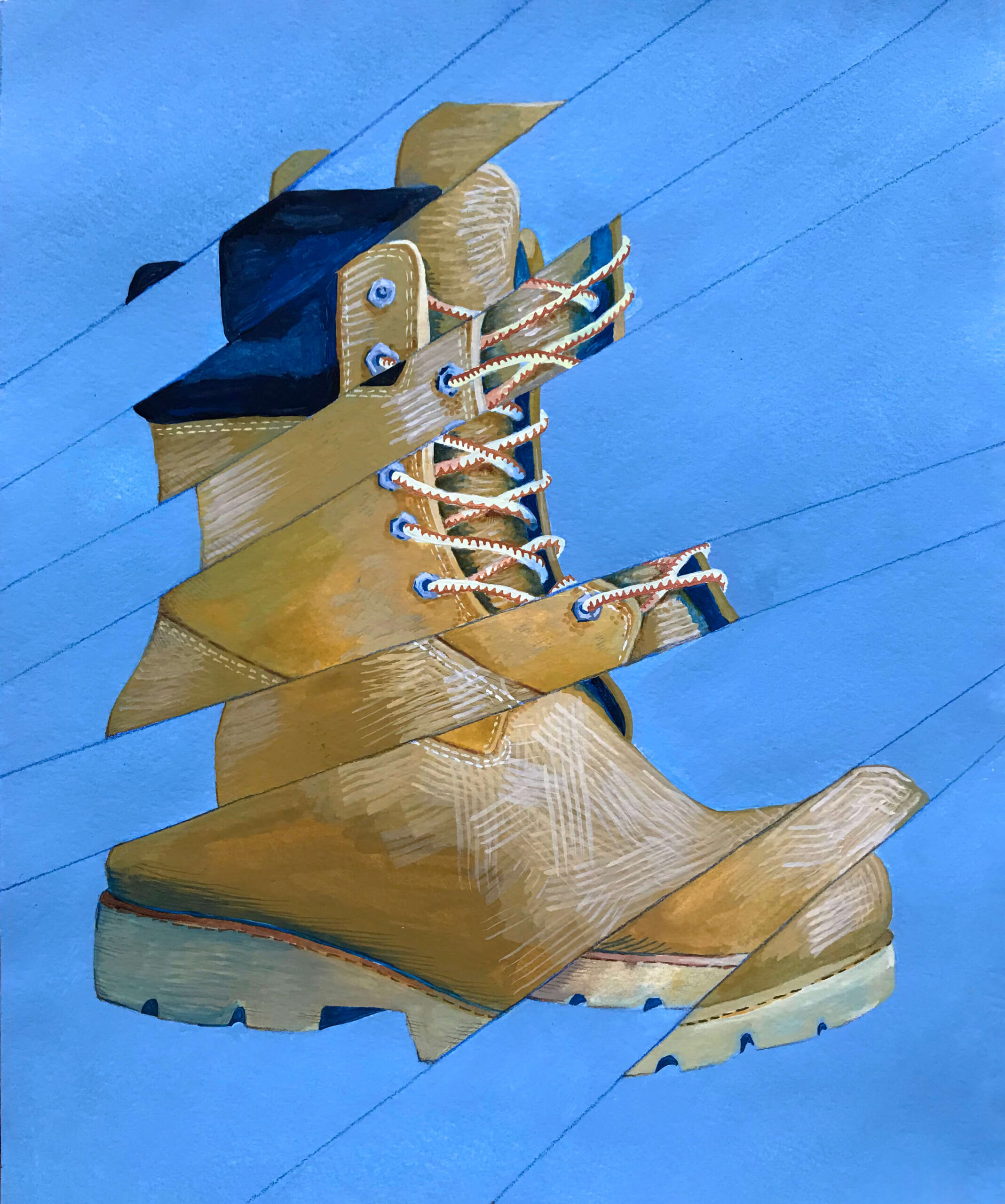 A distorted drawing of a Timberland boot with a white