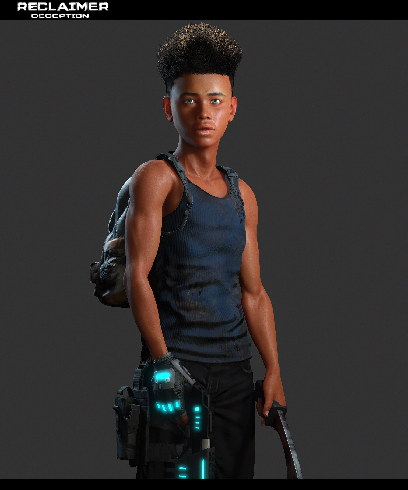 A videogame concept piece for a young character with cybernetic enhancements. He stands valiantly, facing the viewer.