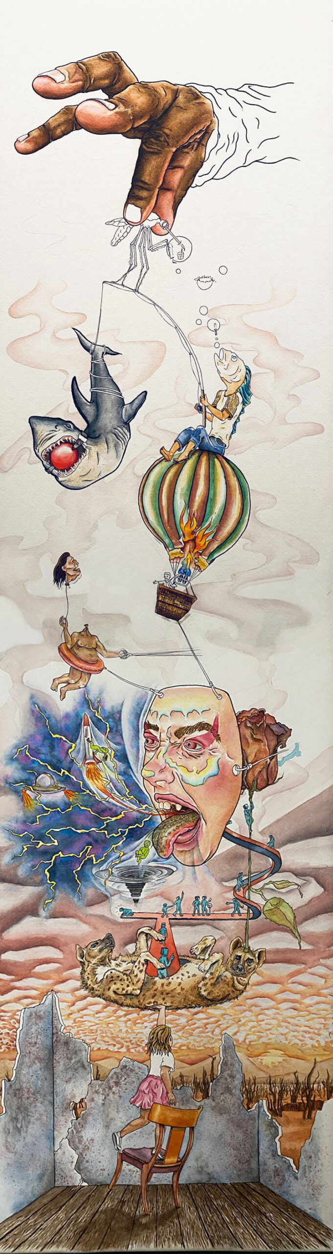 An illustration with a hand at the very top grabbing a mosquito-like character. Beneath is a fish-headed man with fishing rod that has a shark trapped by the bait. Beneath that is a cacophony of character conveying an ecstatic imagination of a girl at the very bottom.