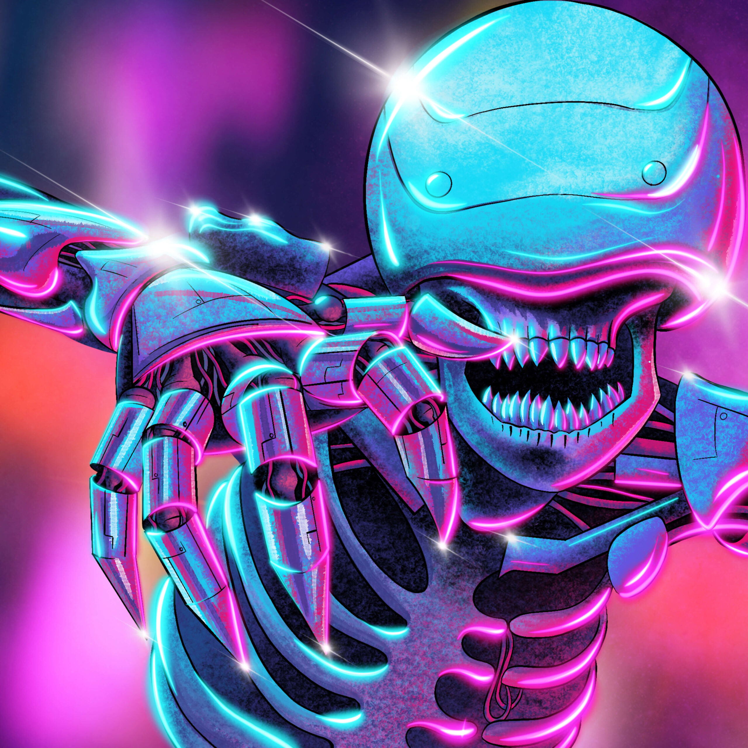 A robotic, skeleton hybrid creatures bears its fangs and claws towards the viewer.
