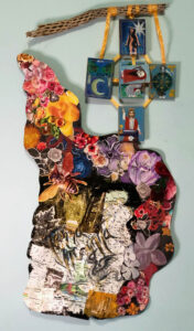 A painting of flowers, bees, dragons, tarot cards and birds on an unconventionally shaped canvas.