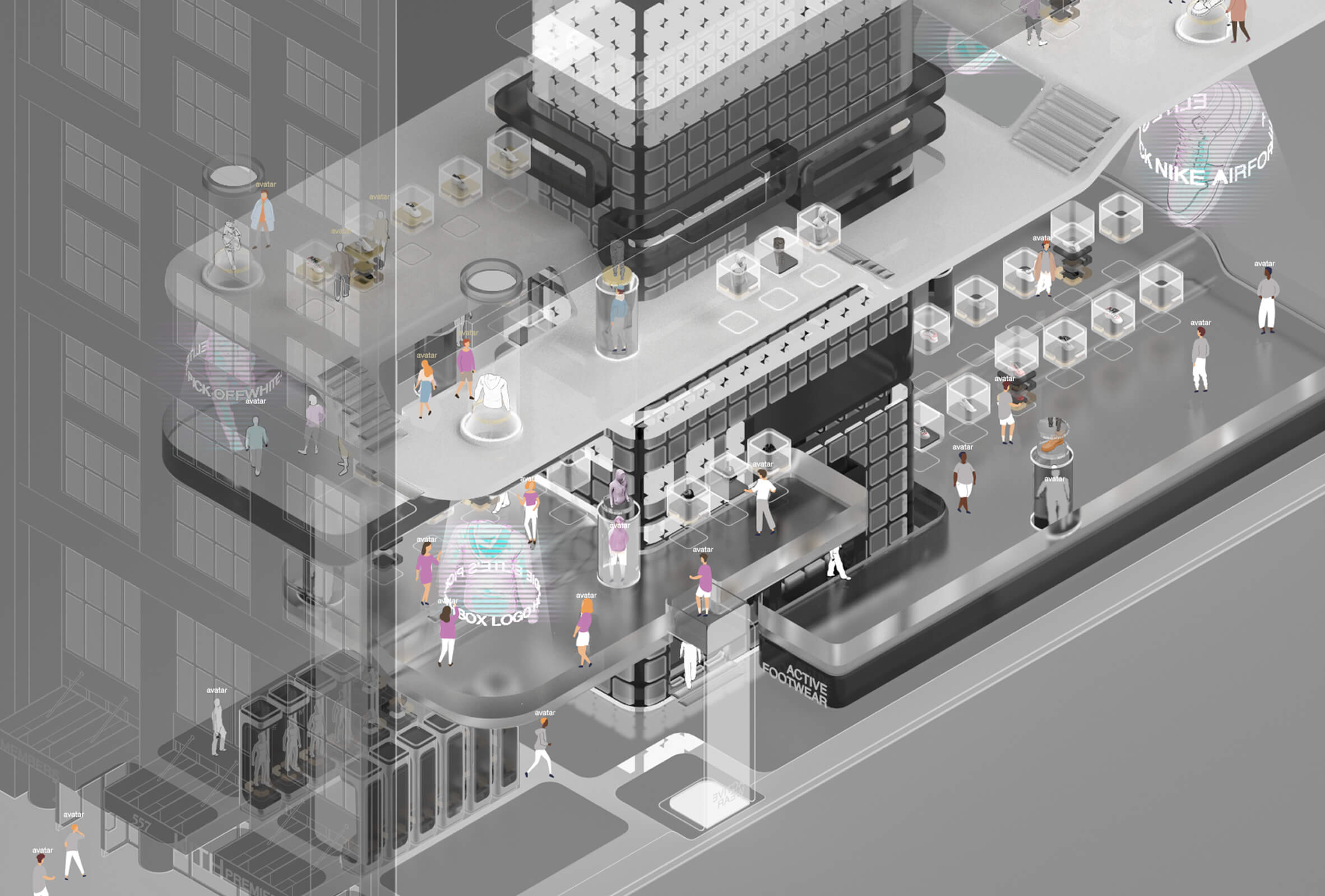 An interior design schematic rendered in black and white wireframes along colored accents. There are people doing various activities in the different areas of the space.