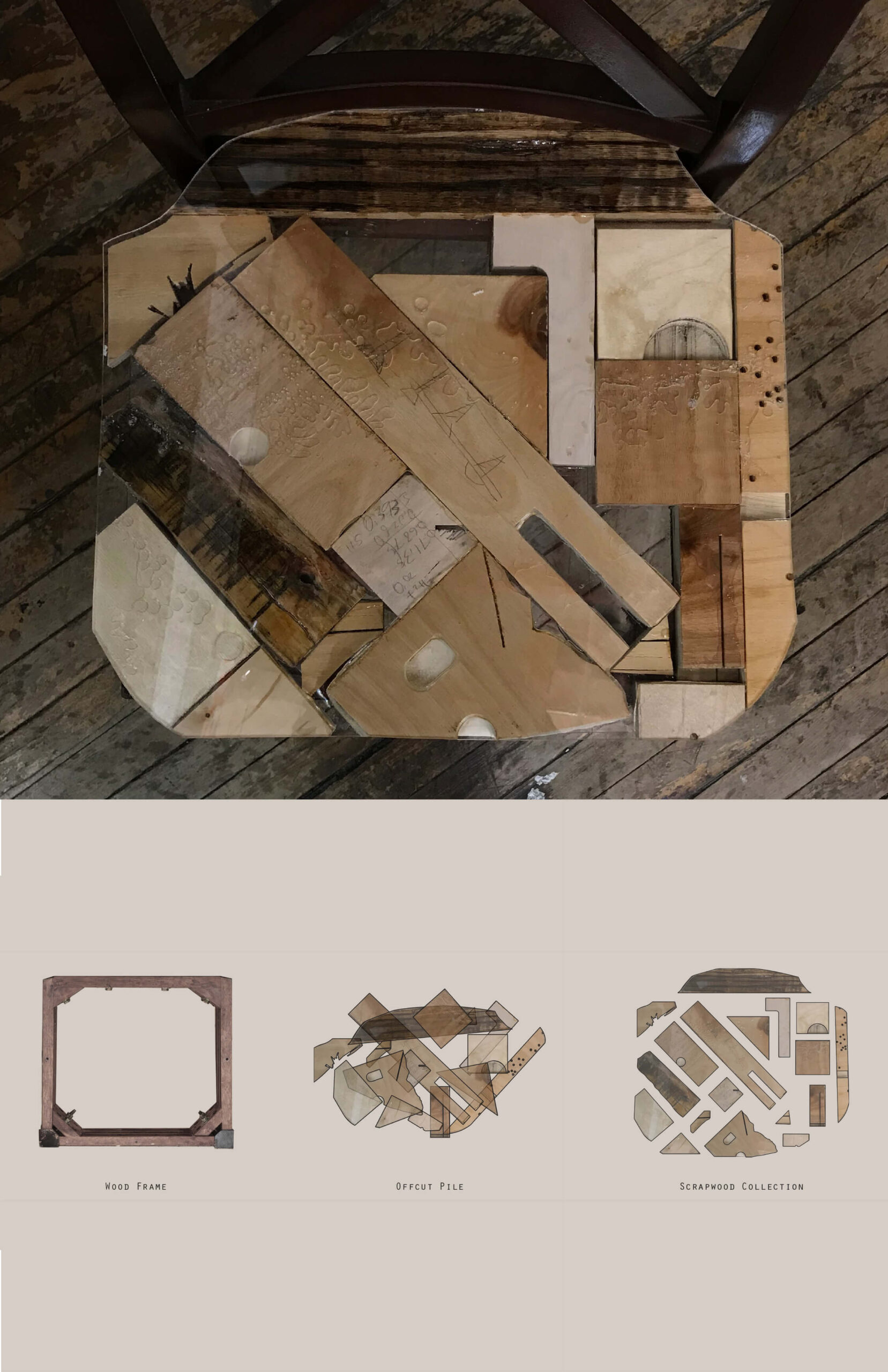 A photo edit with a schematic of a chair's seat shown directly below a picture of the finished chair. The chair consists of a various pieces of wood of different shapes, sizes and colors assembled like a jigsaw puzzle.
