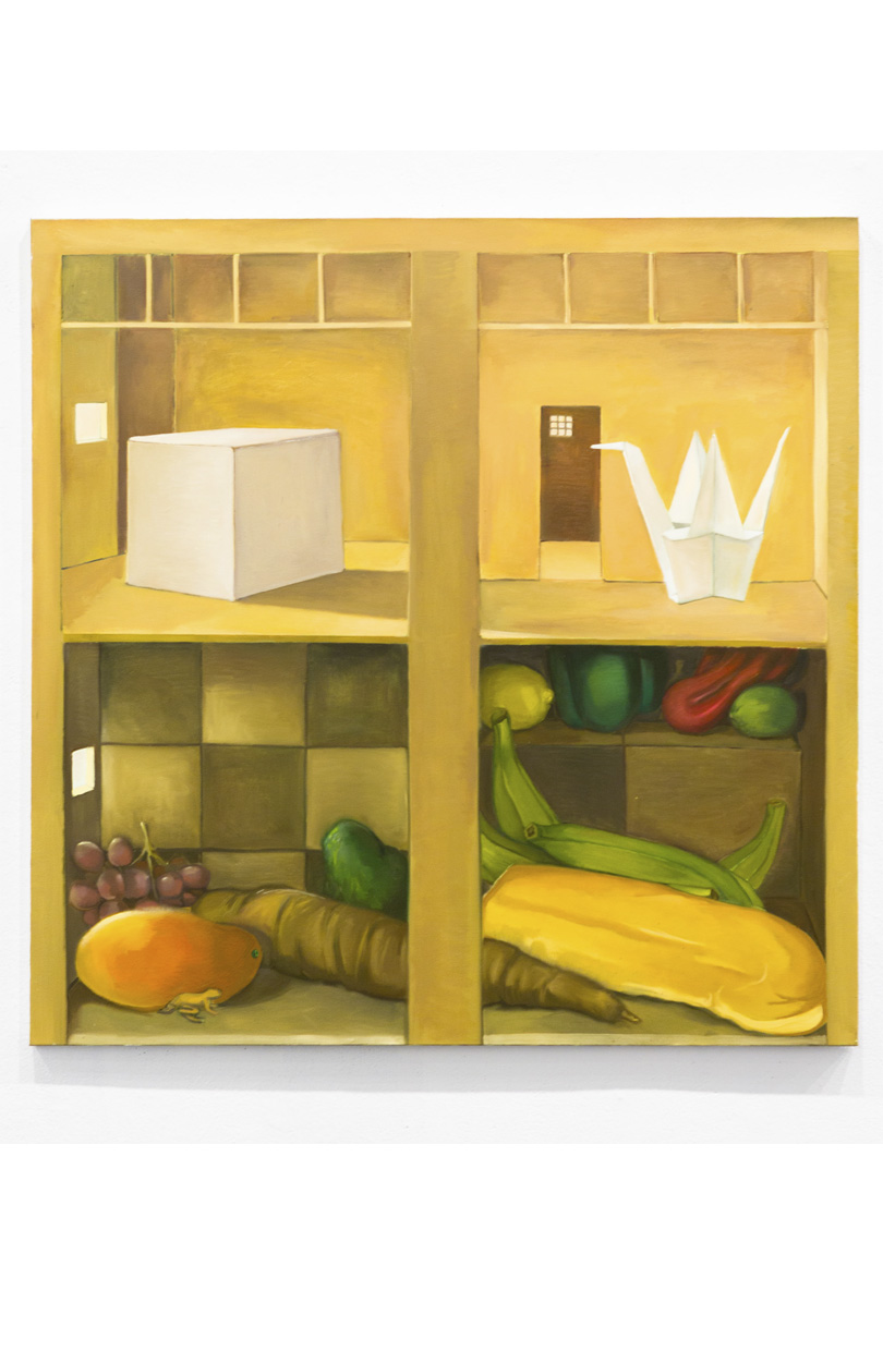 Painting of a cabinet one with a cube, and an origami crane on the top with a door, alongside some vegetables in the bottom shelve