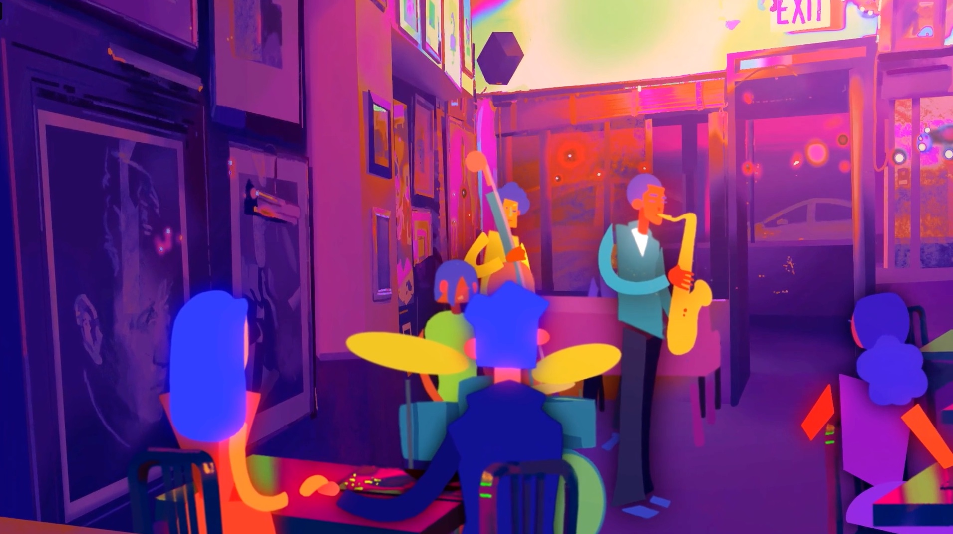 depiction of vibrant animated scene, with people playing instruments by Clara Arnold, BFA'22 a Still from The Final Blow