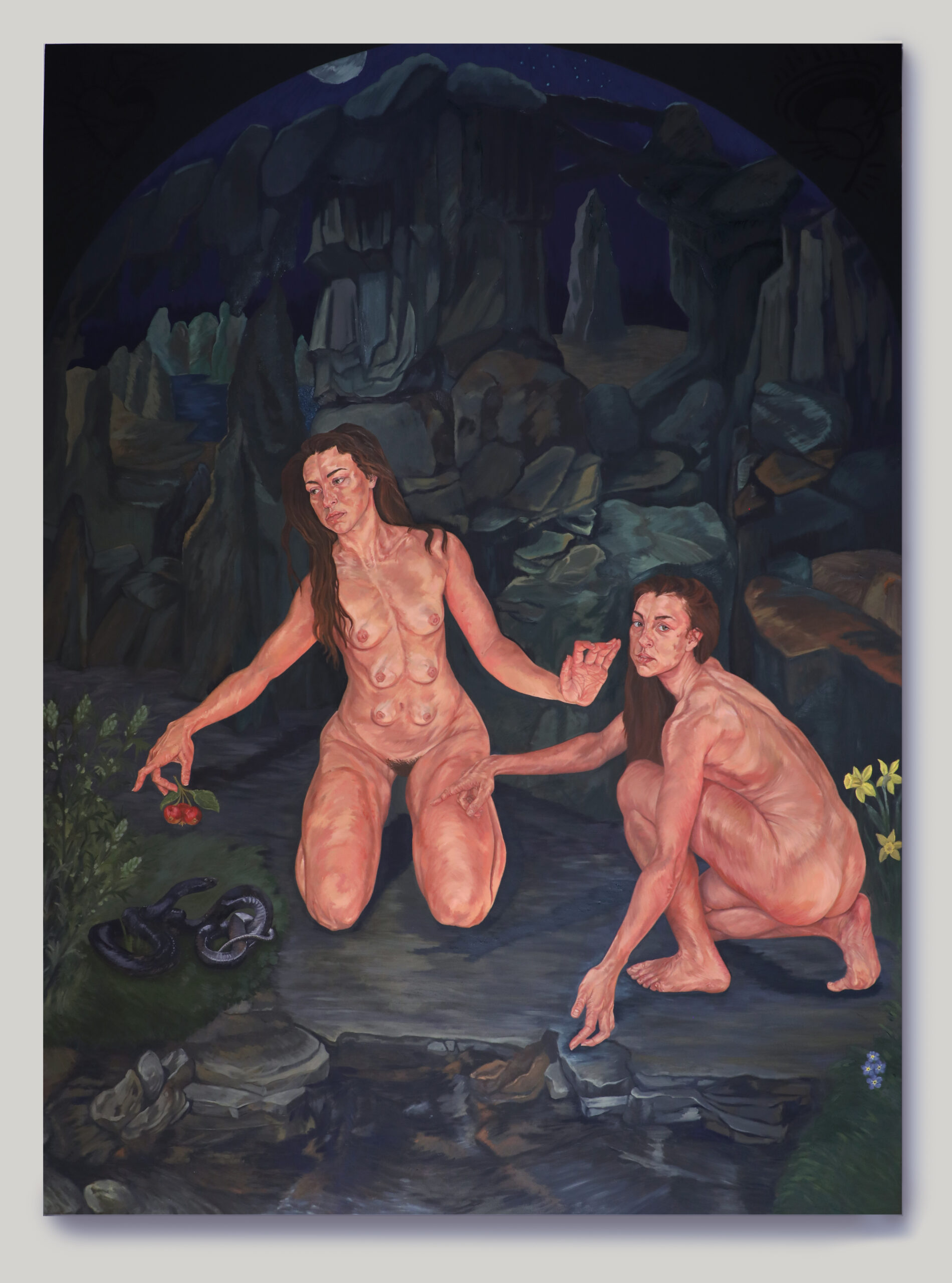Two naked woman painted in a vaguely impressionist fashion huddle in the grounds of a cave.