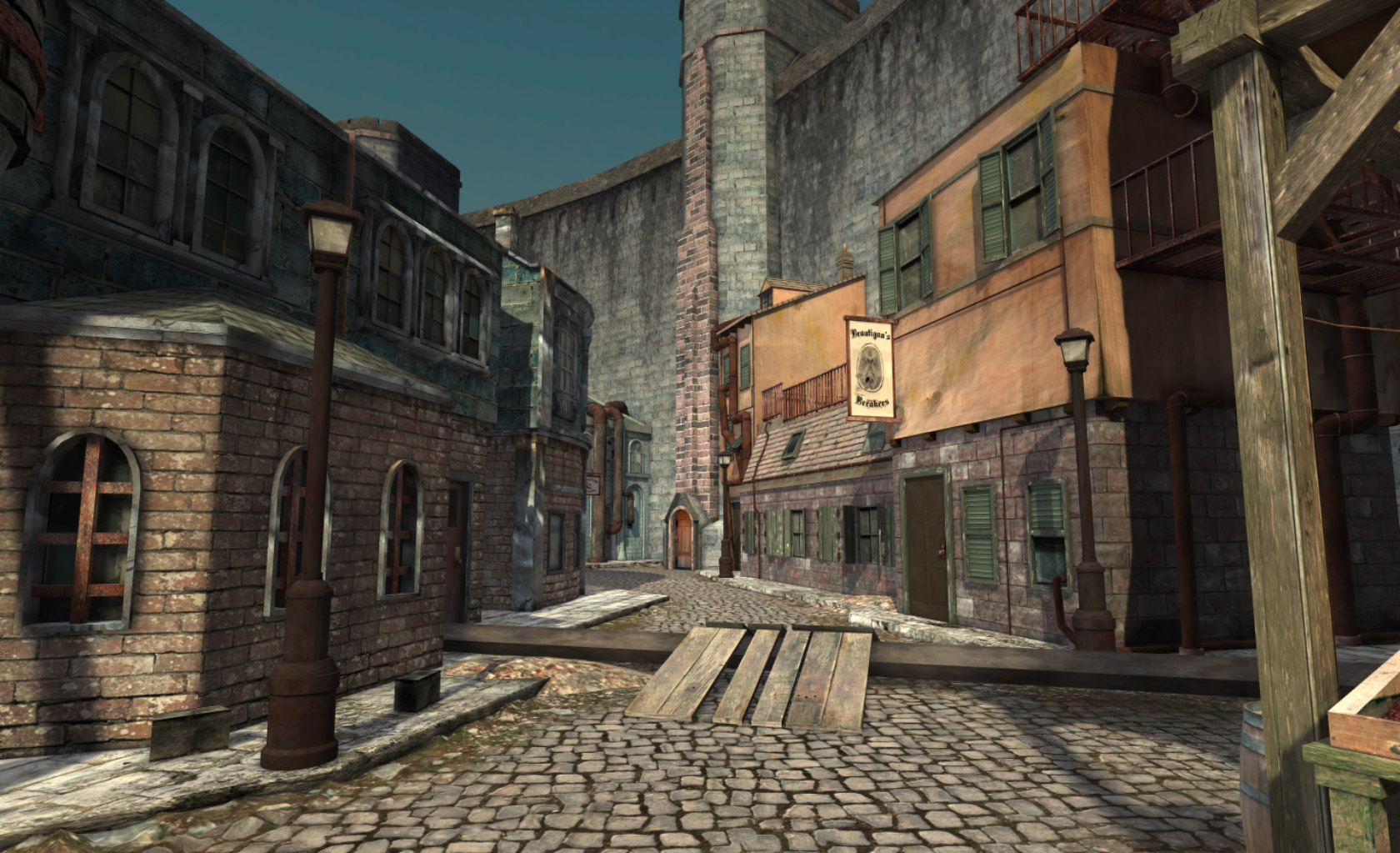 A small alley way with lamp posts and stores in the style of the Victorian era of London