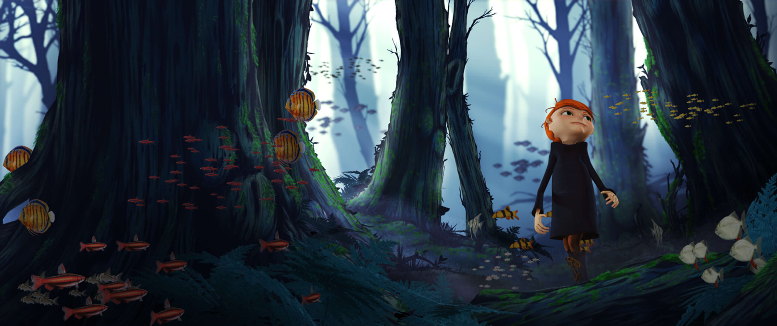 A 3D render of a boy in a dark forest. There are mushroom and moss growing on the forest floor and there is fog amongst the trees.