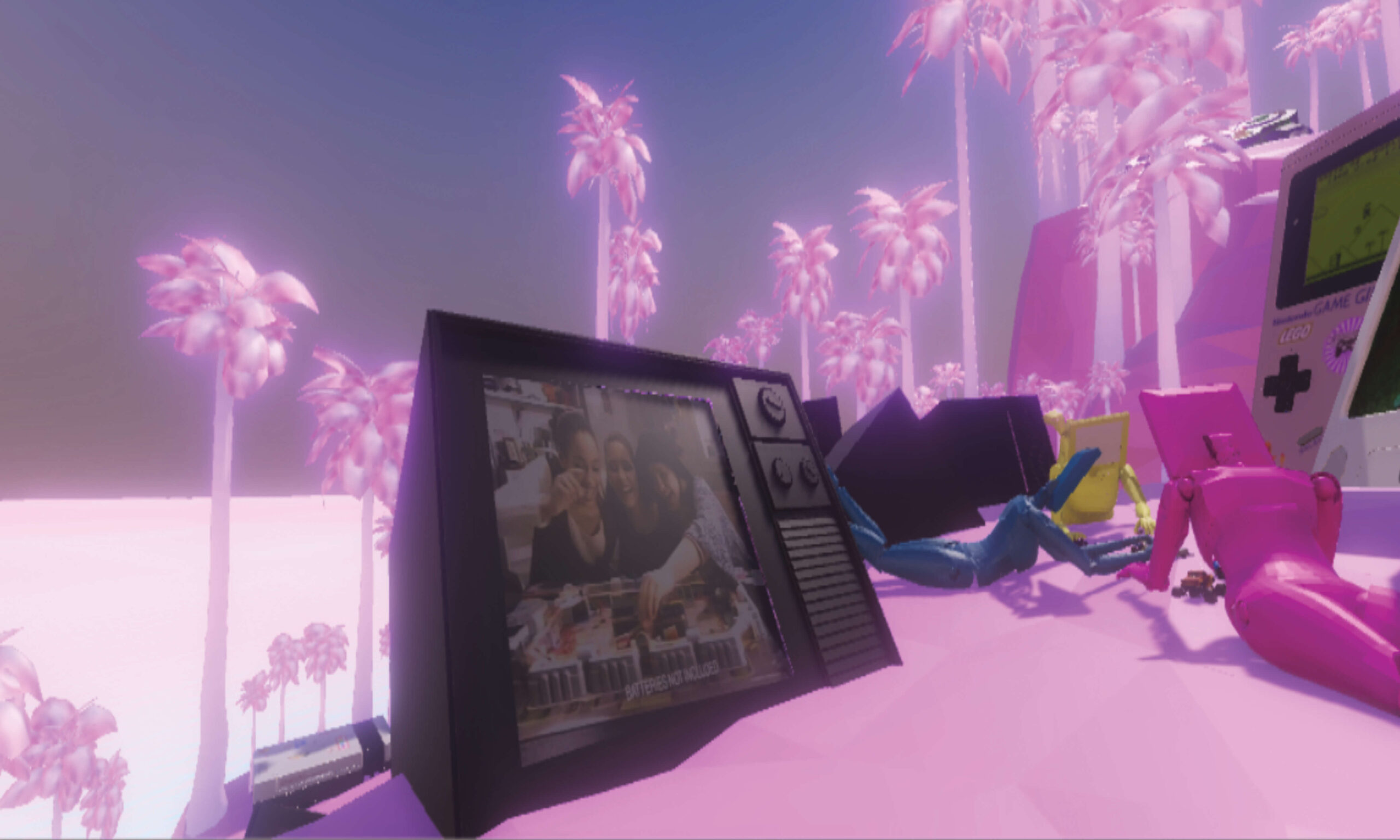 A 3D render of a TV screen laying on a pink mud-like substance with pink palm trees in the background.