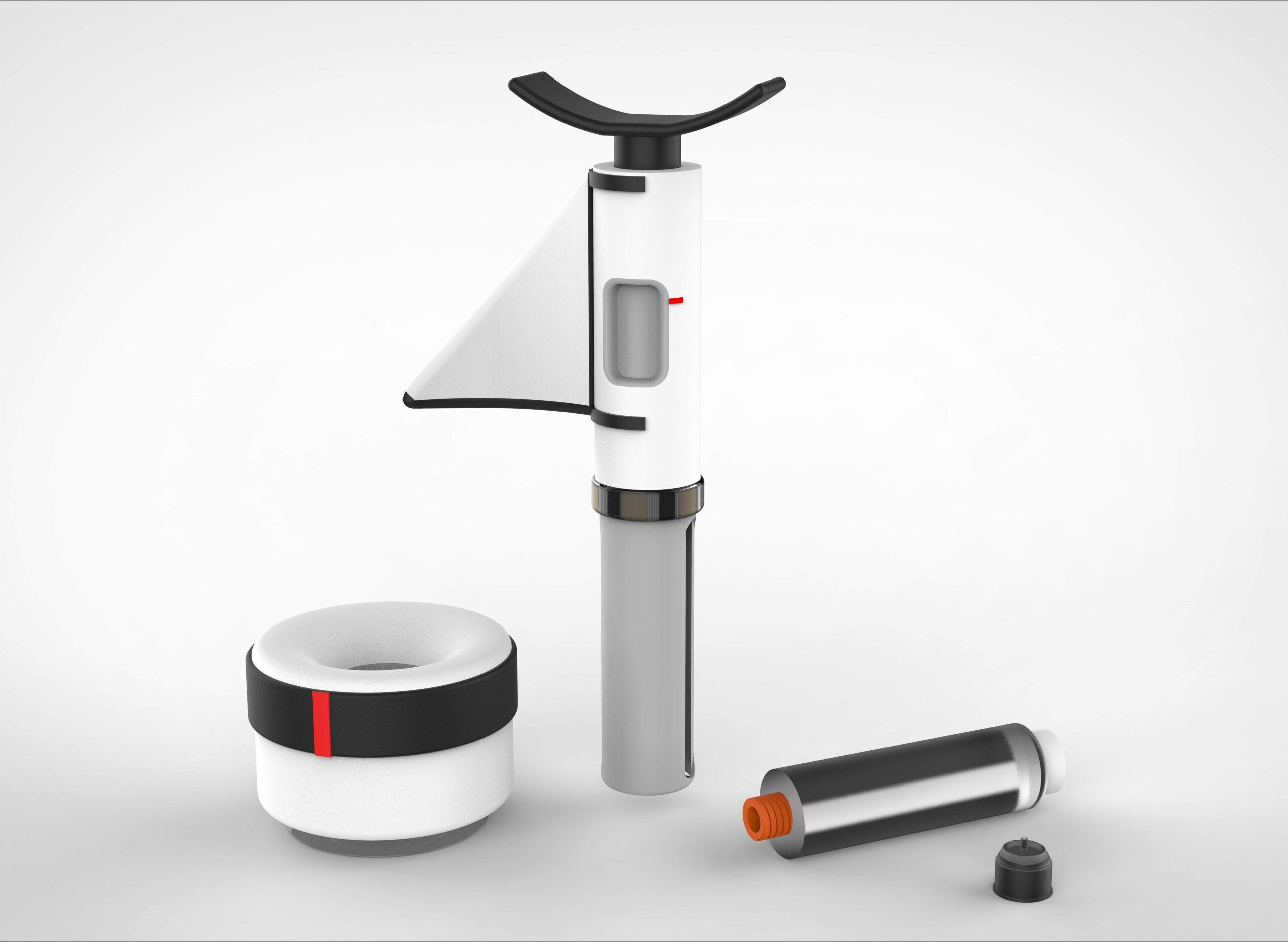 A design concept for an insulin injection device. It is made of white and black plastic with red accents. There are several pieces corresponding to a holder, canister and vacuum chamber. There are ergonomic features to facilitate handling.