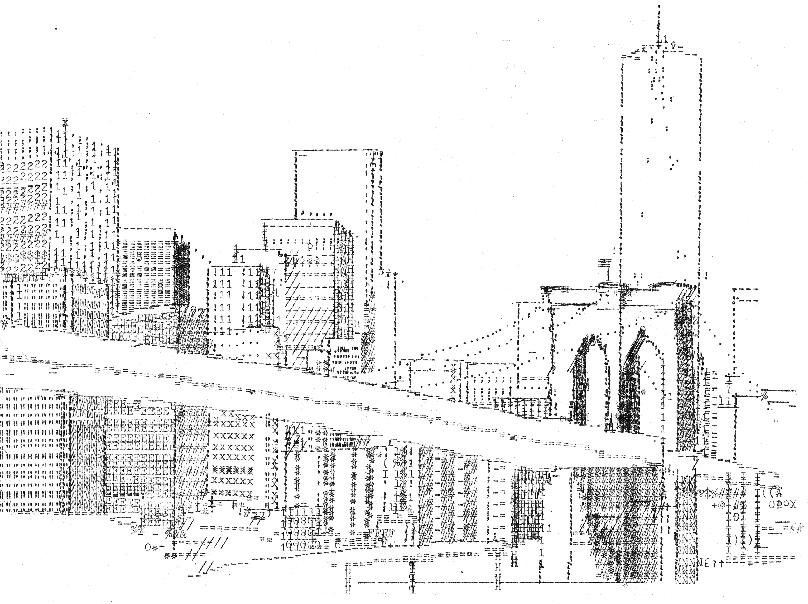 a drawing of new york city skyline, facing the brooklyn bridge and manhattan