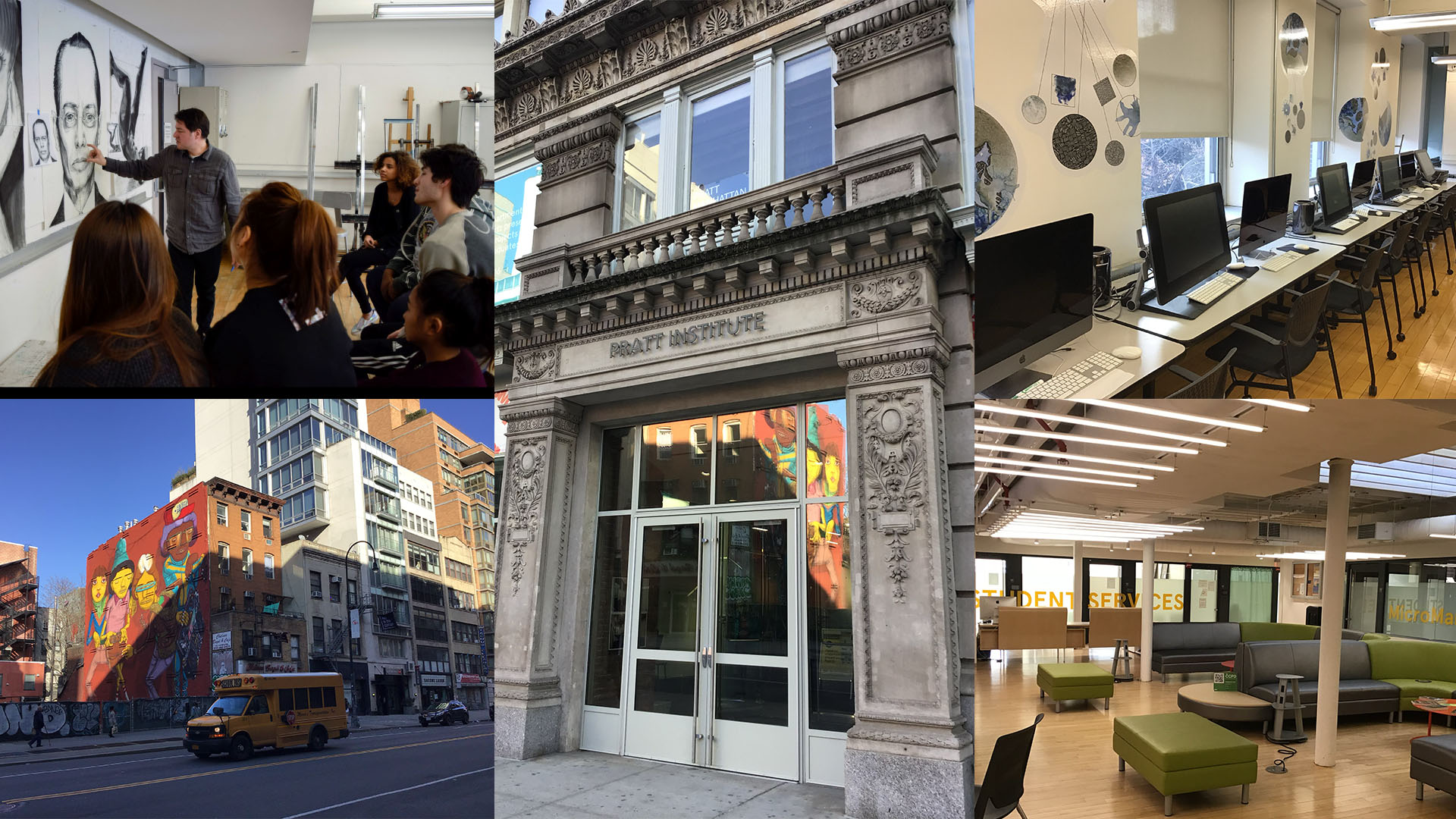 Collage of different spaces where the students in the Graphic design program will work in.