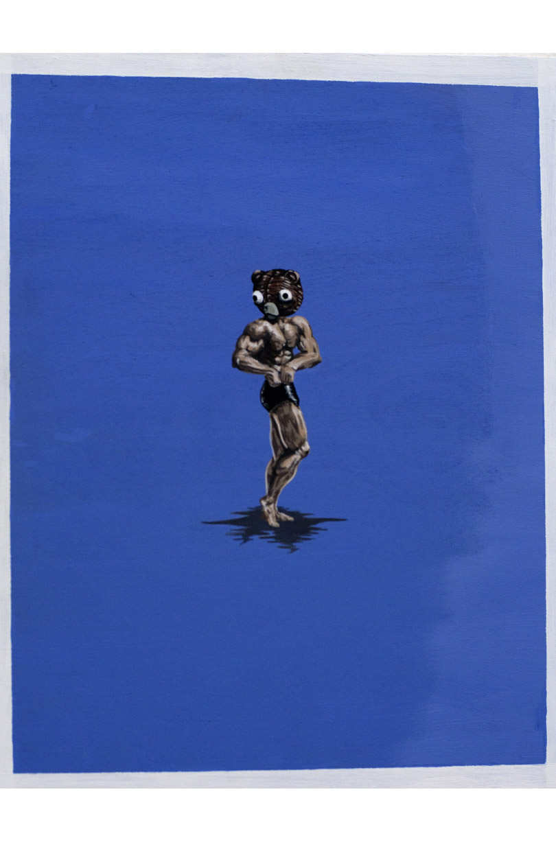 Portrait of a male body with a cartoon figure for a head flexing in a blue background