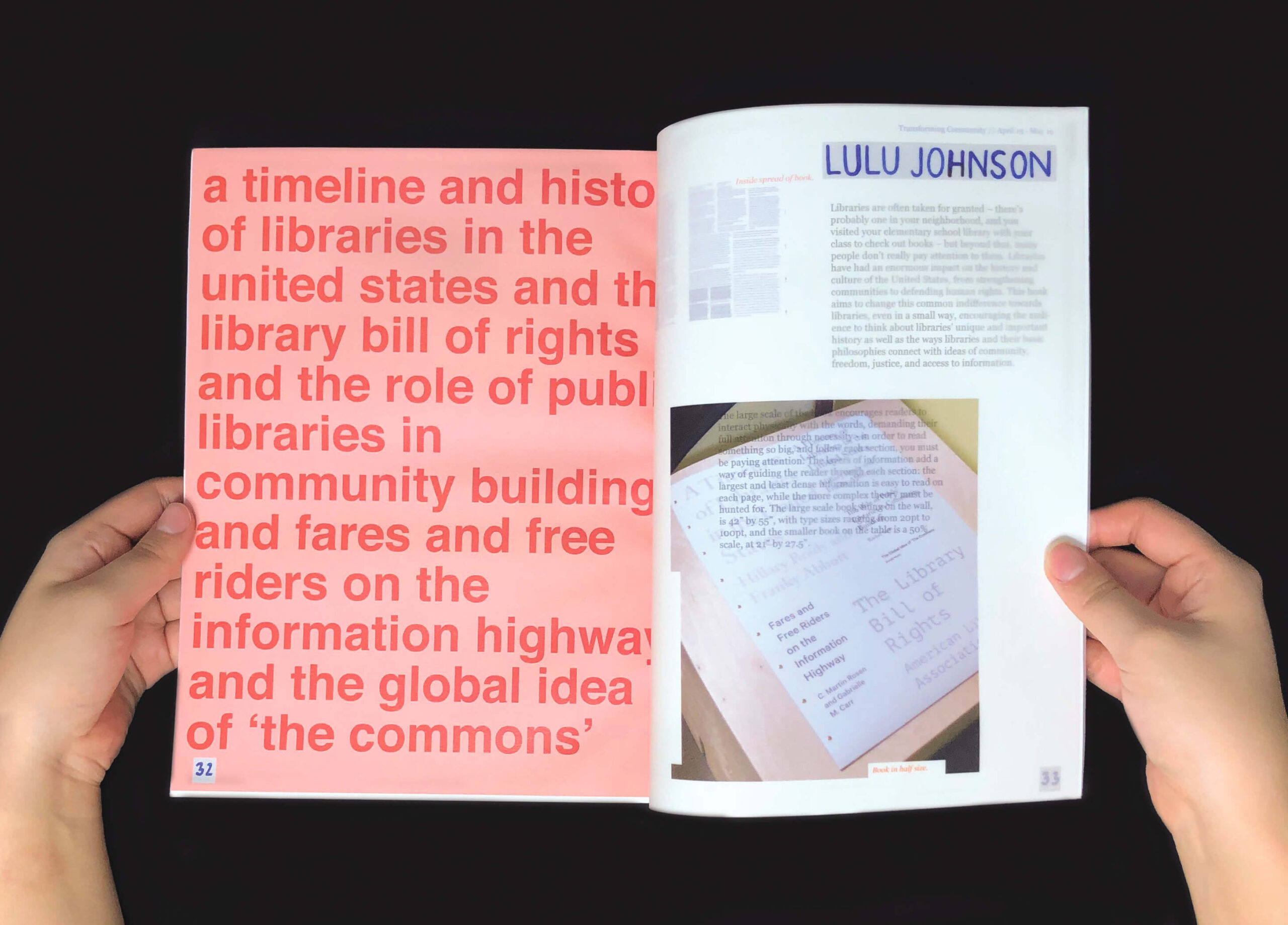 A photo of a magazine with graphic designs using typography and color contrast.
