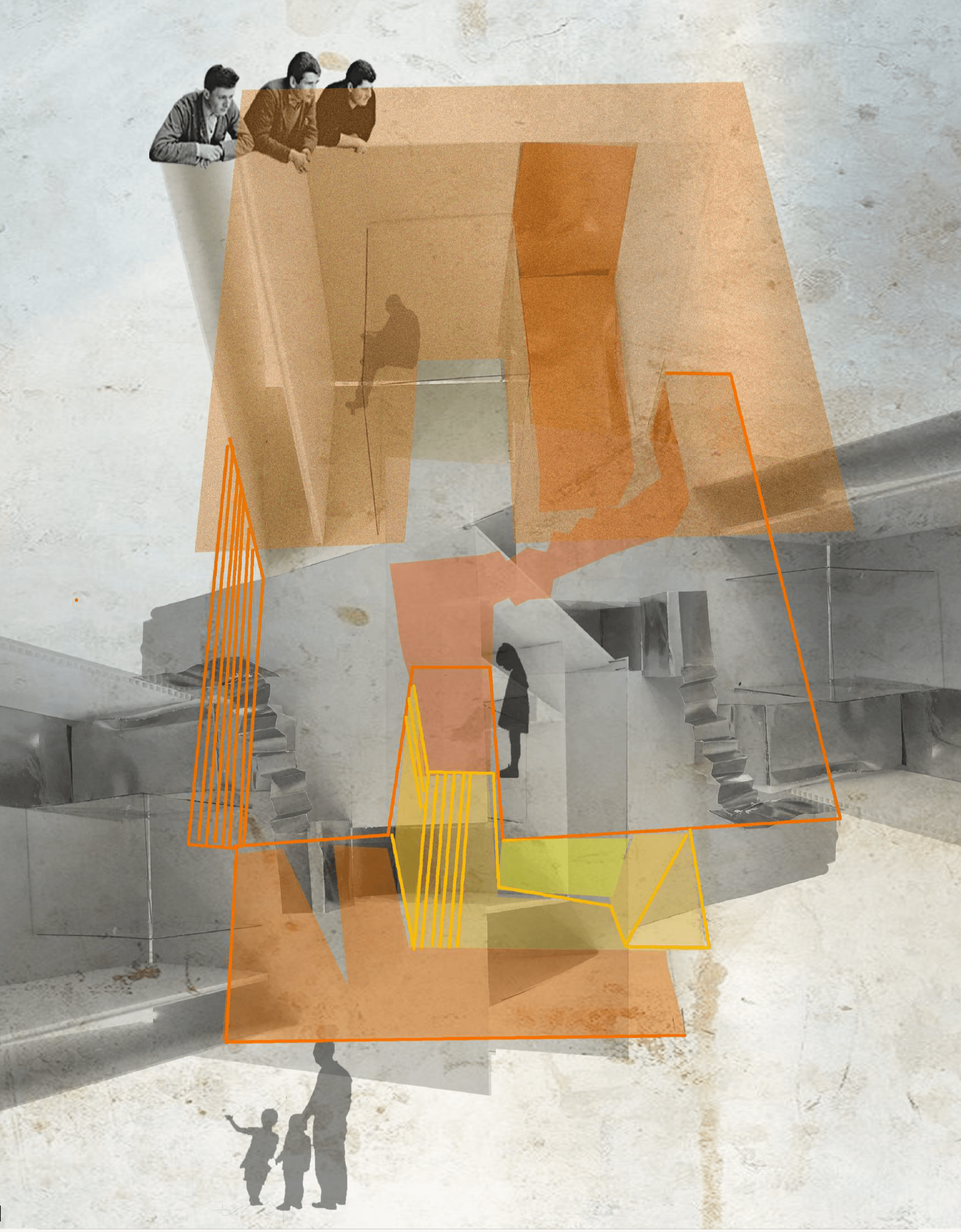 An interior design sketch showing a multi-level home with the silhouettes of various people throughout. The space is rendered in grey with orange and yellow wireframes overlaid on top.