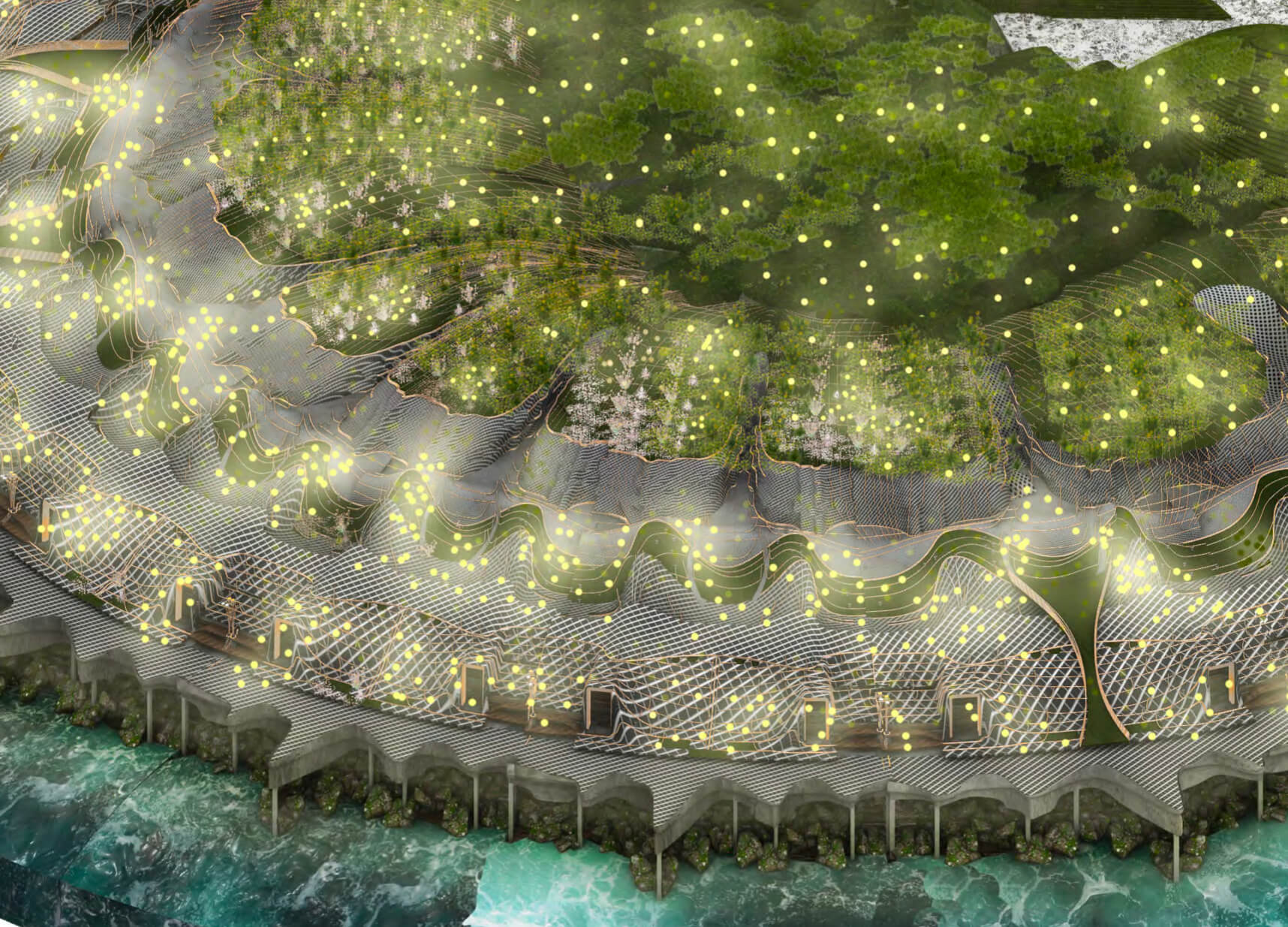 A render of waterfront protection effort using green wetlands and concreted structures.