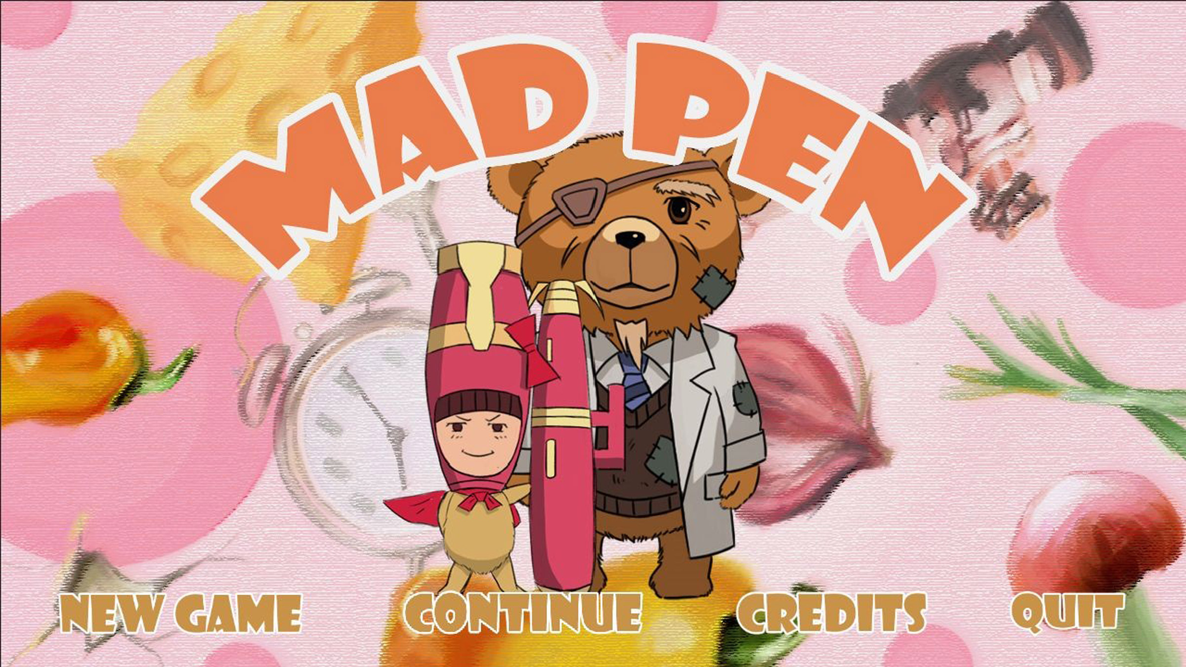 Within a start menu of a game, a teddy bear in a scientist outfit with an eye patch next to a child in a pen costume