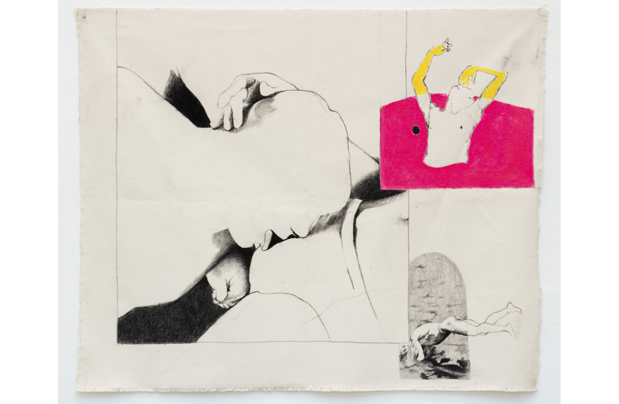 Collage of abstract drawings of two individuals being intimate, an individual living on their chest and an individual smoking