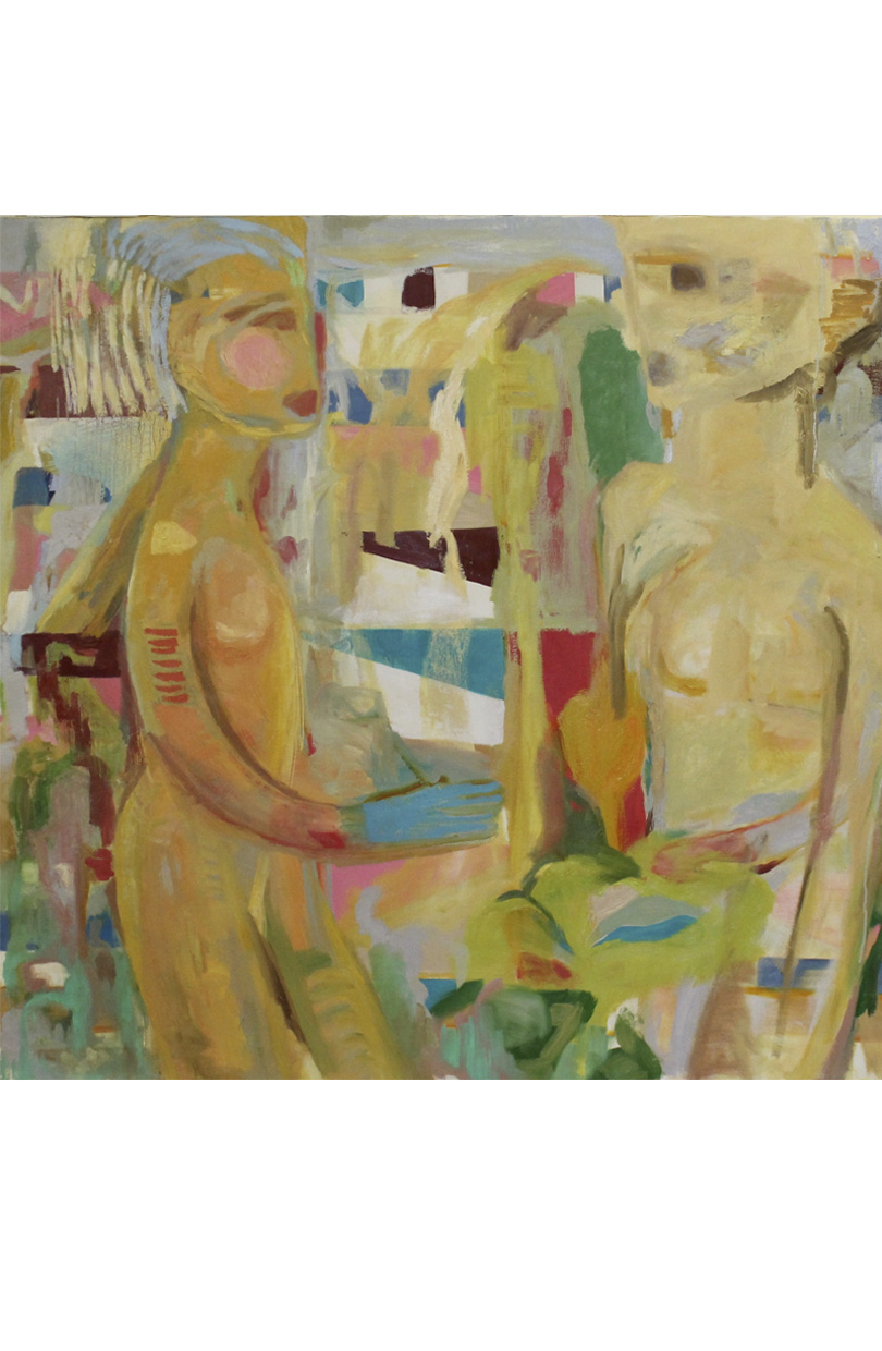 Abstract painting of two individuals facing each other