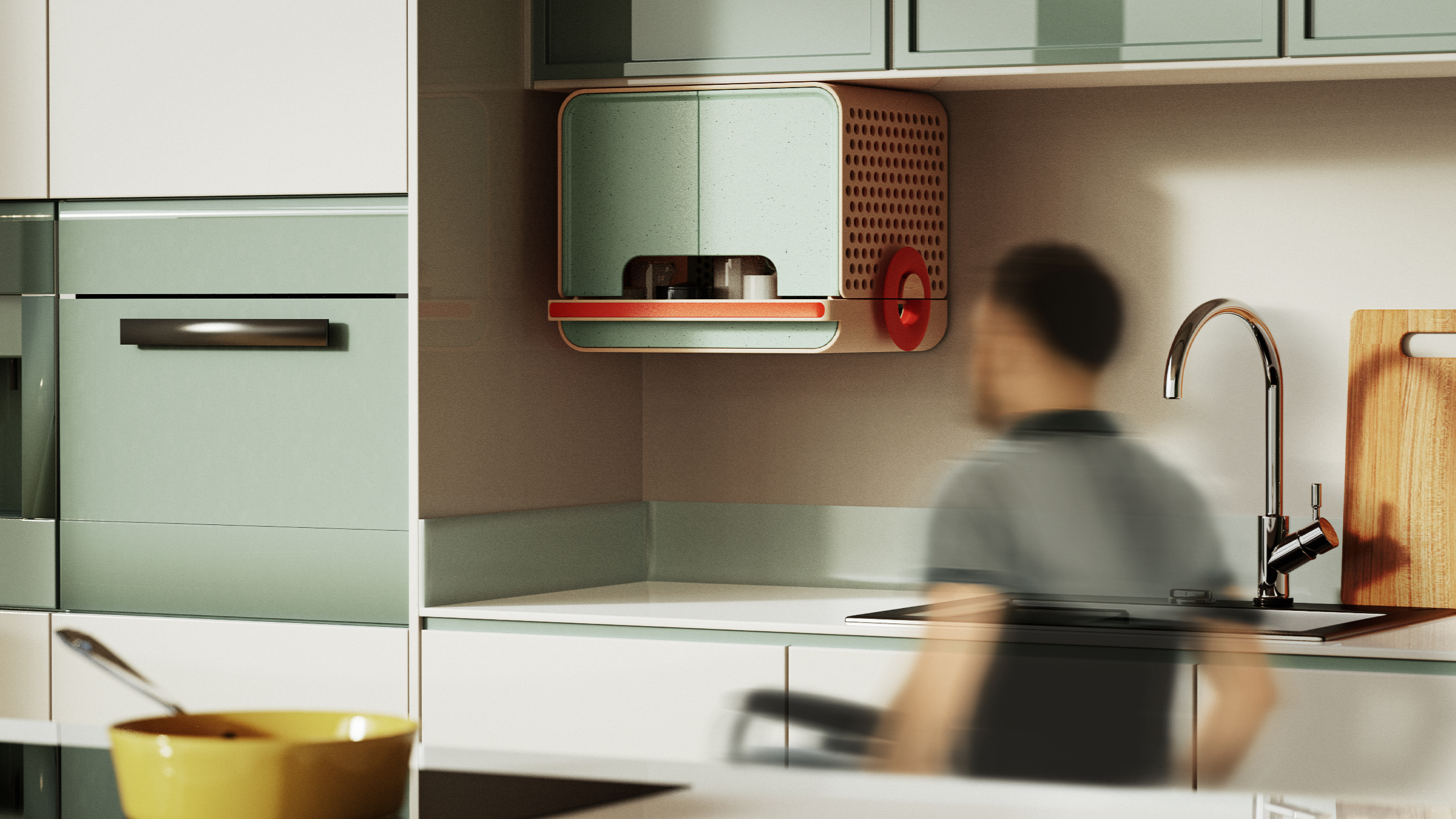 motion blur image of person, walking into a modern kitchen