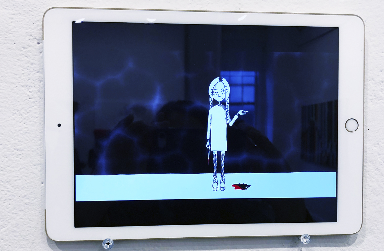 Digital drawing of a cartoon girl holding a knife in a dark environment, below her a an animal with blood oozing out.