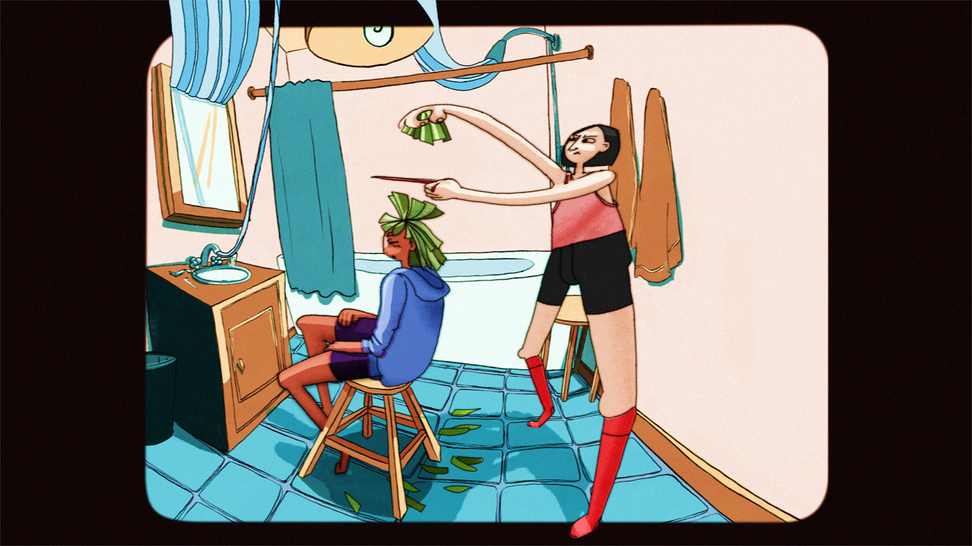 animated still with figures moving in a bathroom, possibly with one person giving the other a haircut