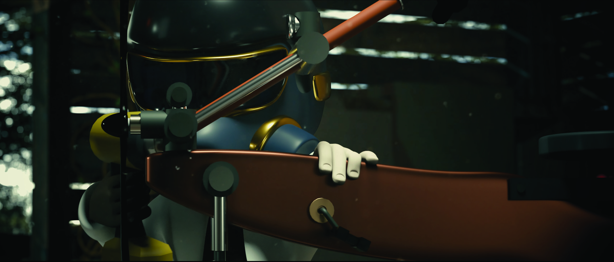 An animated character with a black helmet holds a green metallic contraption.