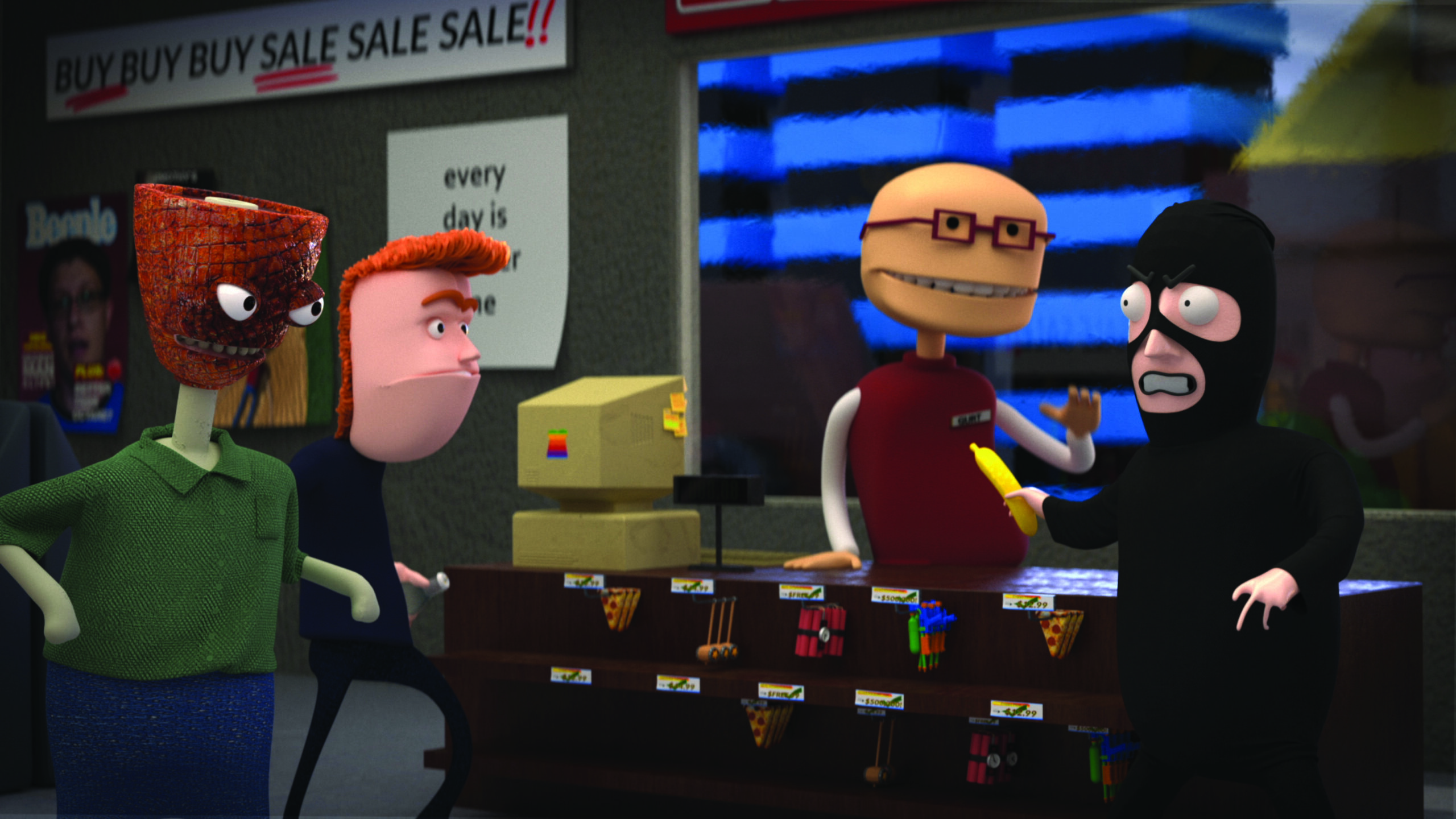An animated still with abstract character gathered around corner store counter.