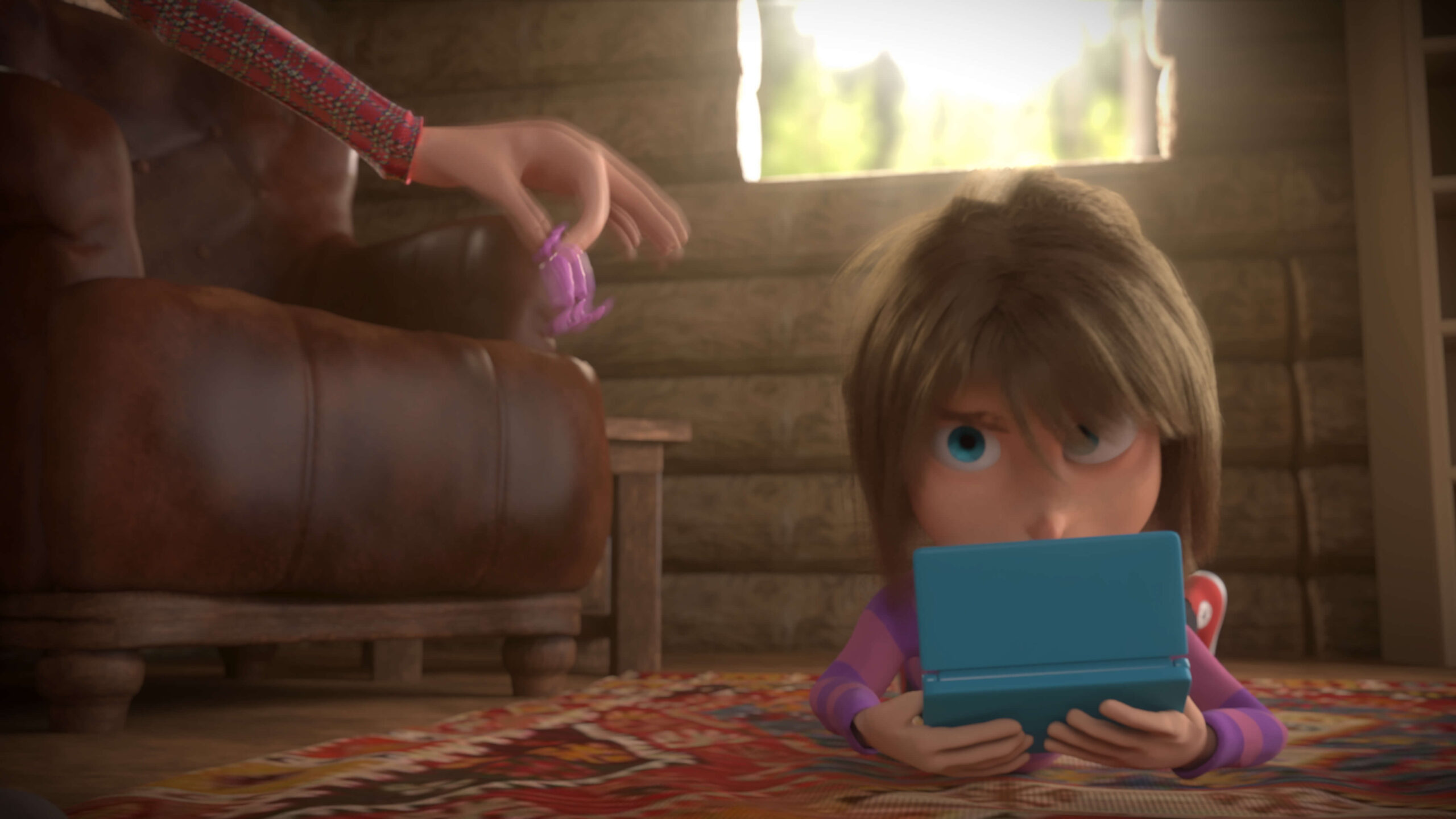 An animation still of little girl playing a videogame on a blue handheld device while laying on a carpeted floor.