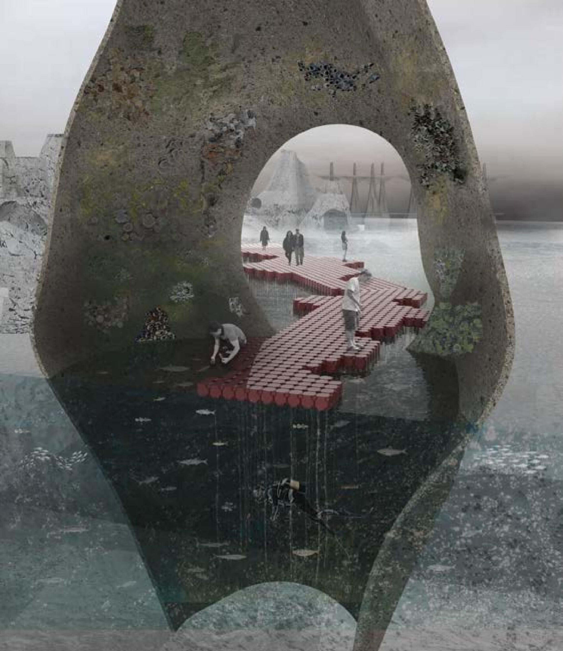 Architectural render of a red pontoon path with human silhouettes walking on top. A diver swims amongs fish beneath the pontoon. Above the path, a rocky structure creates an arch over the path.