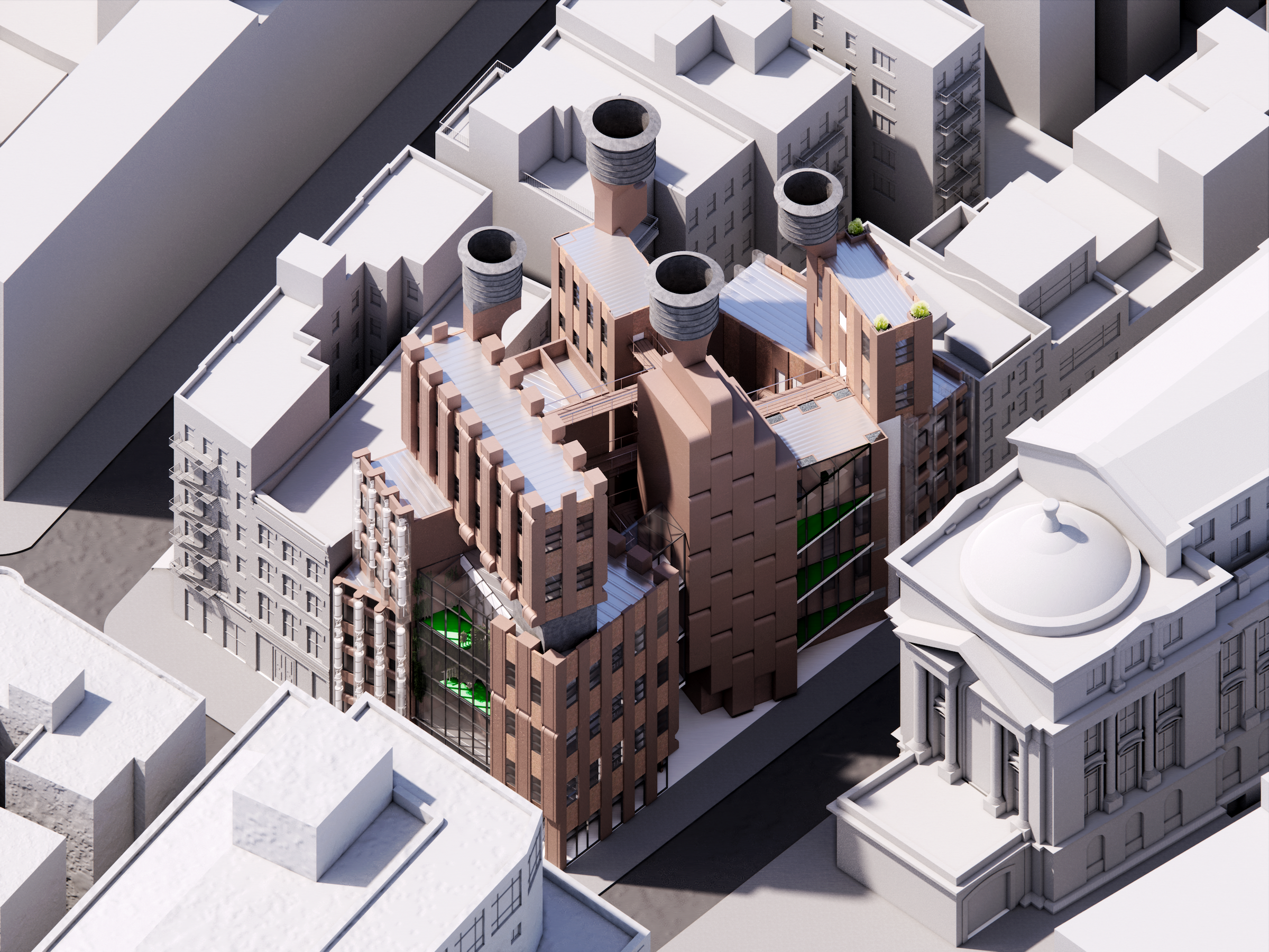 An axonometric architectural rendering of a proposed multi-story brick building set within a simplified white city block context. The design features stepped volumes, rooftop elements with four cylindrical tower structures, metal roof surfaces, and sections of green-tinted glazing. Surrounding buildings are shown in white massing, including a domed classical structure nearby, emphasizing the contrast between the detailed brown building and the minimal urban context.