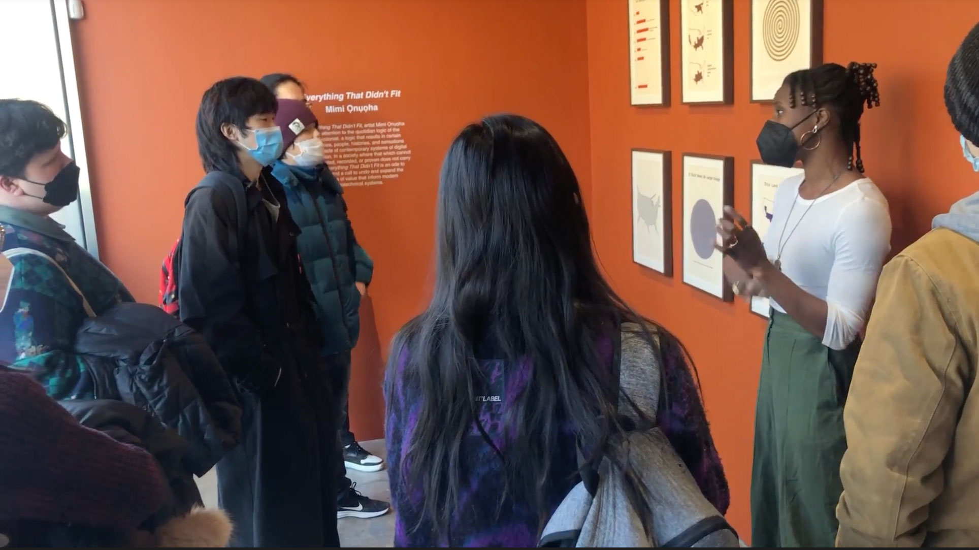 Mimi Ọnụọha sharing her Everything That Didn’t Fit exhibition at bitforms gallery with digital arts students (courtesy Rebecca Leopold)