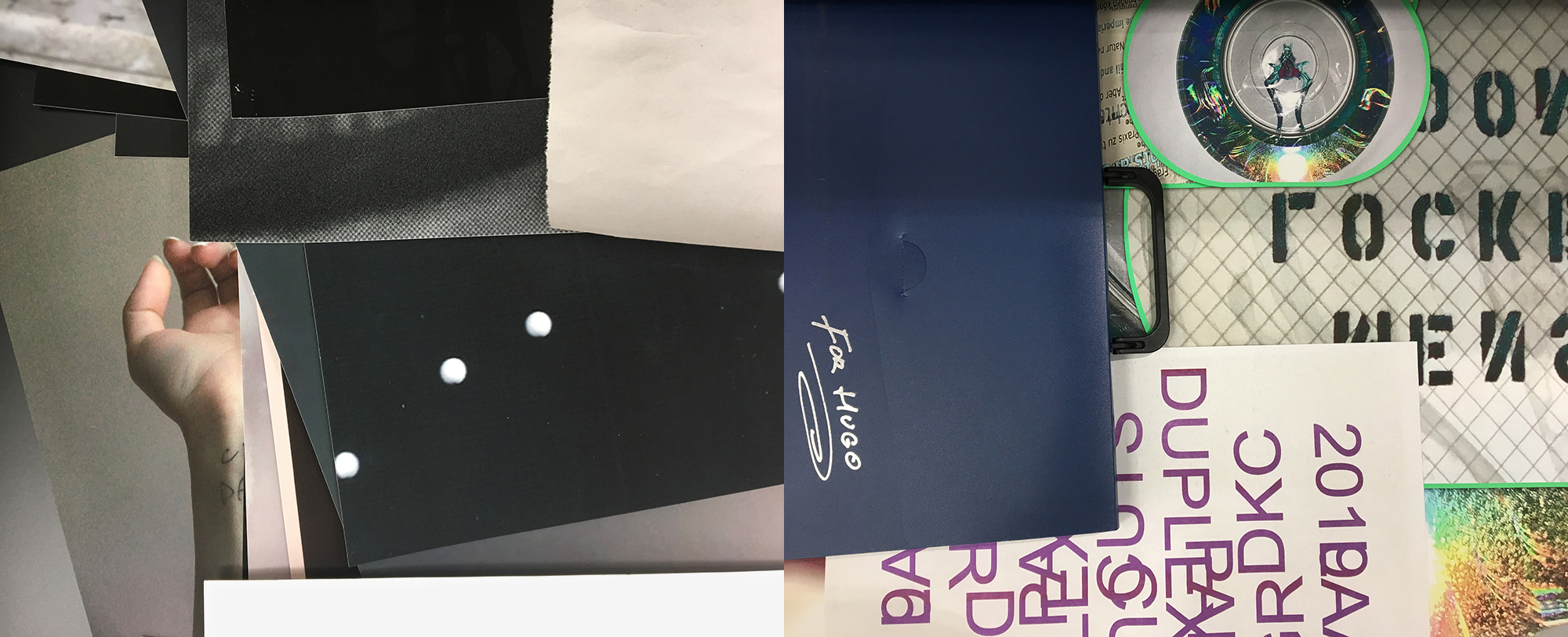 A photo collage of different textures of paper including a blue paper cardboard, magazine cropping, fabric, the image of a hand, and more.