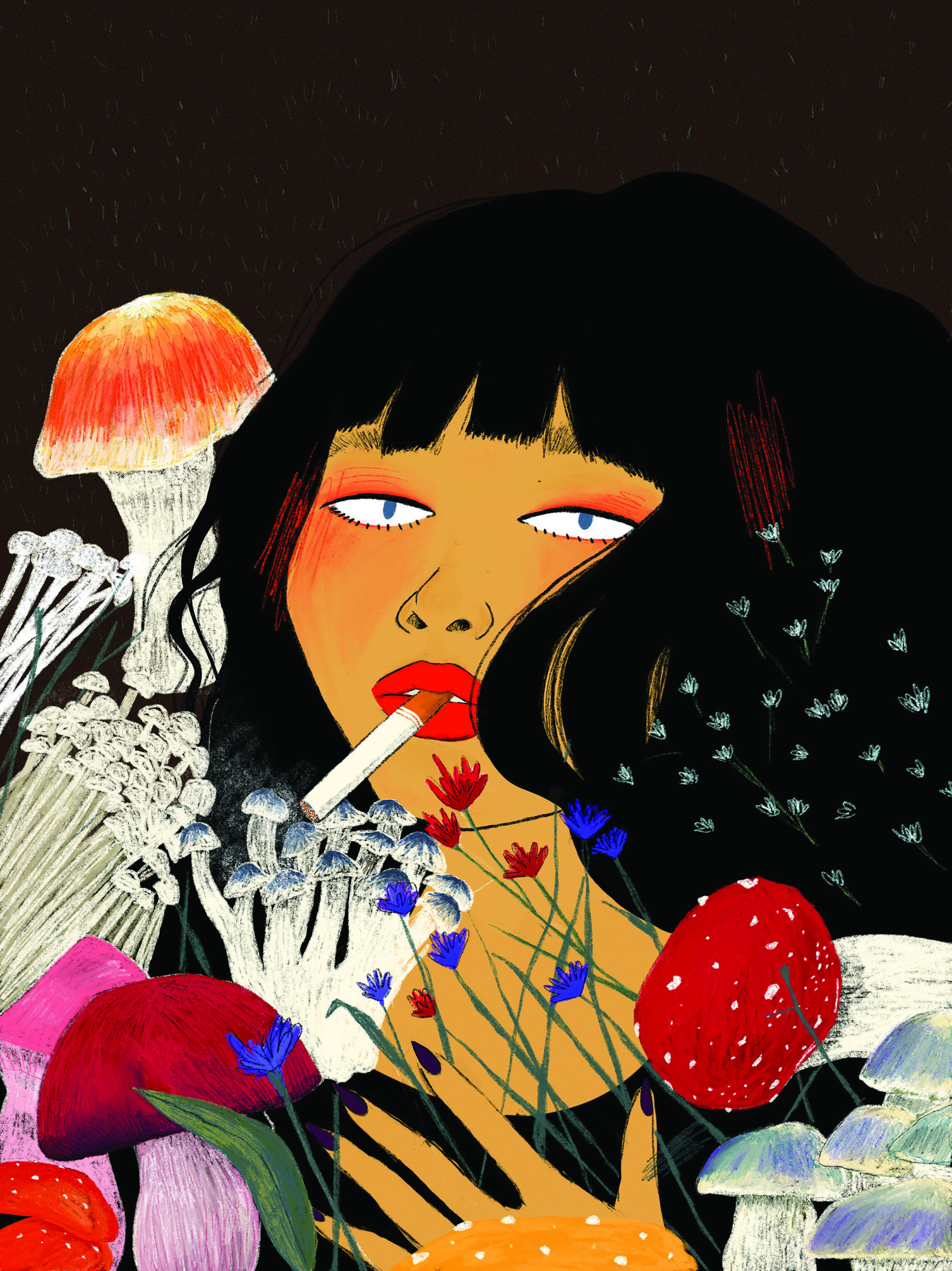 An illustration of a girl with red lips and a cigarette in her mouth. She is surrounded by mushrooms of various colors as she looks despondently towards the viewer.