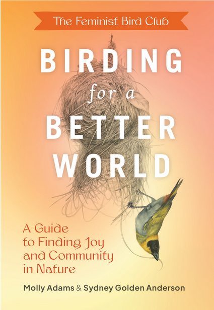 Book cover, title reads Birding for a Better World: A Guide to Finding Joy and Community in Nature, written by Molly Adams & Sydney Golden Anderson, with a vibrant drawing of a bird with a thread in its' beak