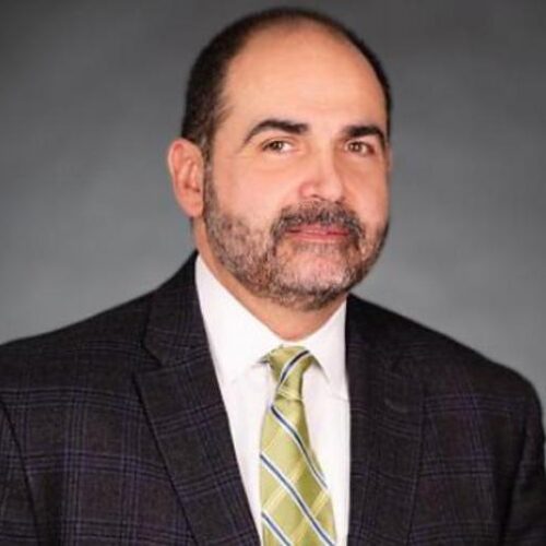 Portrait of a man wearing a dark checkered suit jacket, light shirt, and green striped tie, posing against a gray studio background.