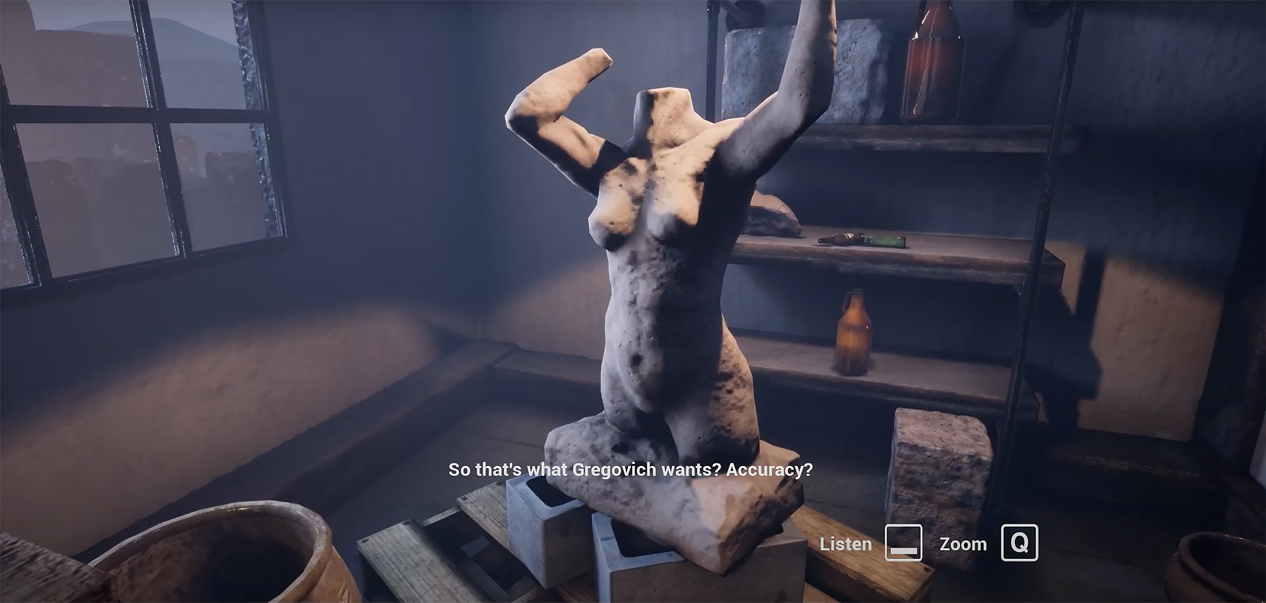 Unfinished sculpture in a dimly lit studio