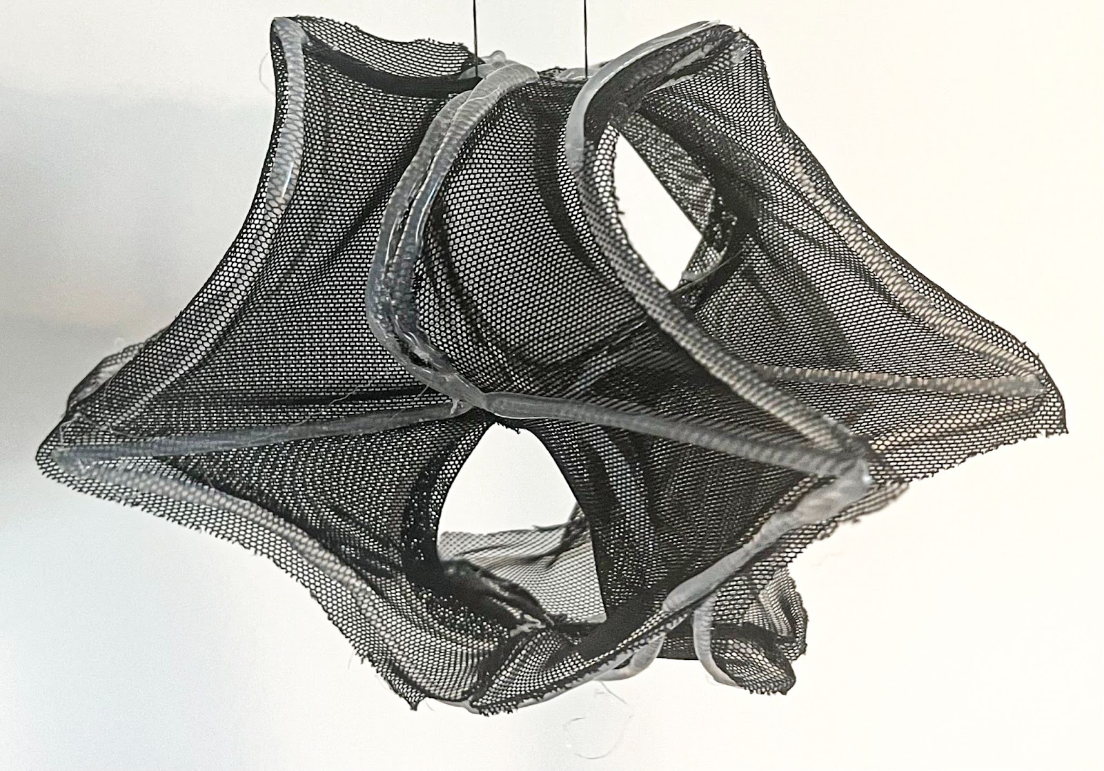 A black mesh geometric structure suspended in space, formed into interconnected curving surfaces with large openings. The translucent material and organic form give it a futuristic, architectural model appearance.